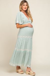 Mint Green Floral Embroidered Tiered Maternity Maxi Dress sold by Pinkblush