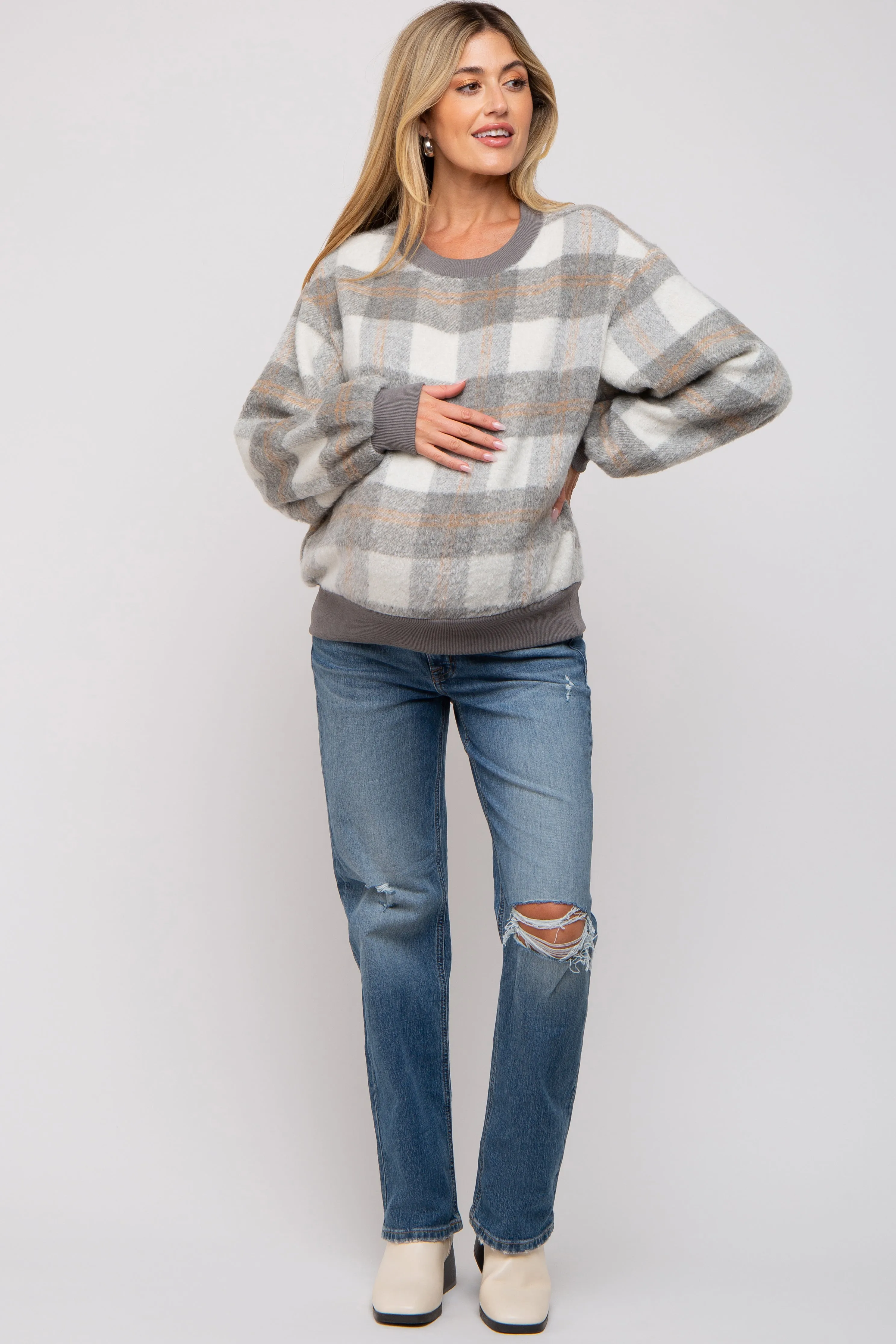 Grey Plaid Fuzzy Knit Maternity Pullover Sweater sold by Pinkblush product image thumbnail 4