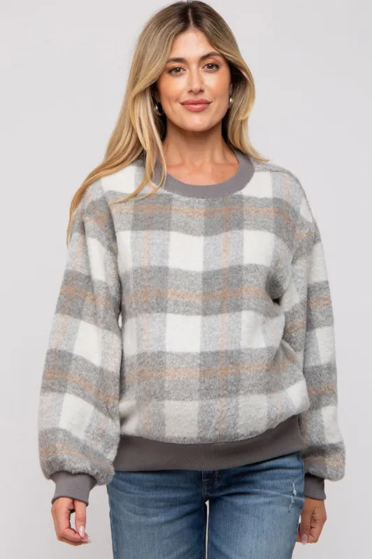 Grey Plaid Fuzzy Knit Maternity Pullover Sweater sold by Pinkblush