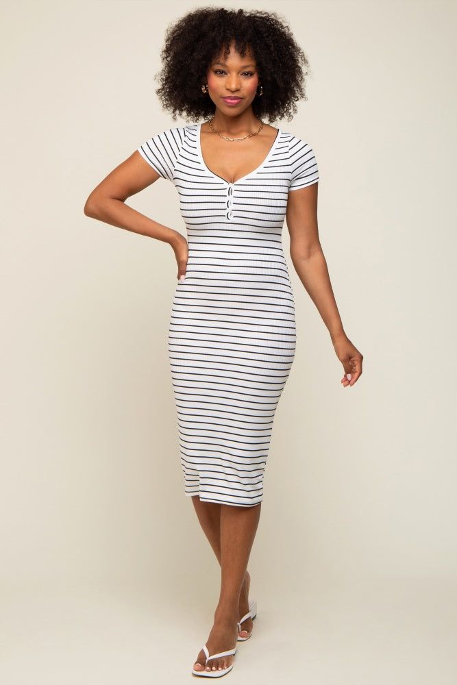 White Striped Ribbed Fitted Maternity Midi Dress sold by Pinkblush product image thumbnail 5