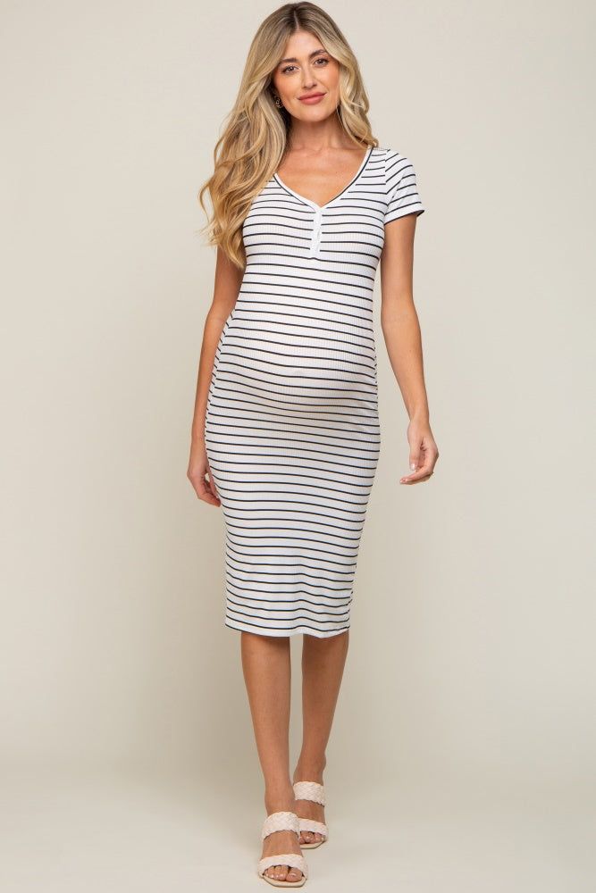 White Striped Ribbed Fitted Maternity Midi Dress sold by Pinkblush product image thumbnail 2