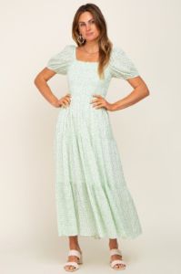 Mint Green Floral Smocked Square Neck Maternity Midi Dress sold by Pinkblush
