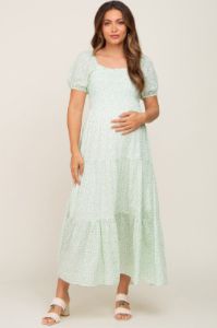 Mint Green Floral Smocked Square Neck Maternity Midi Dress sold by Pinkblush