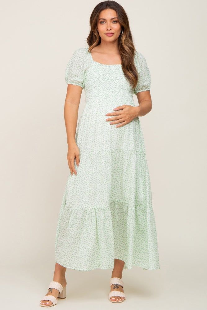Mint Green Floral Smocked Square Neck Maternity Midi Dress sold by Pinkblush product image thumbnail 2