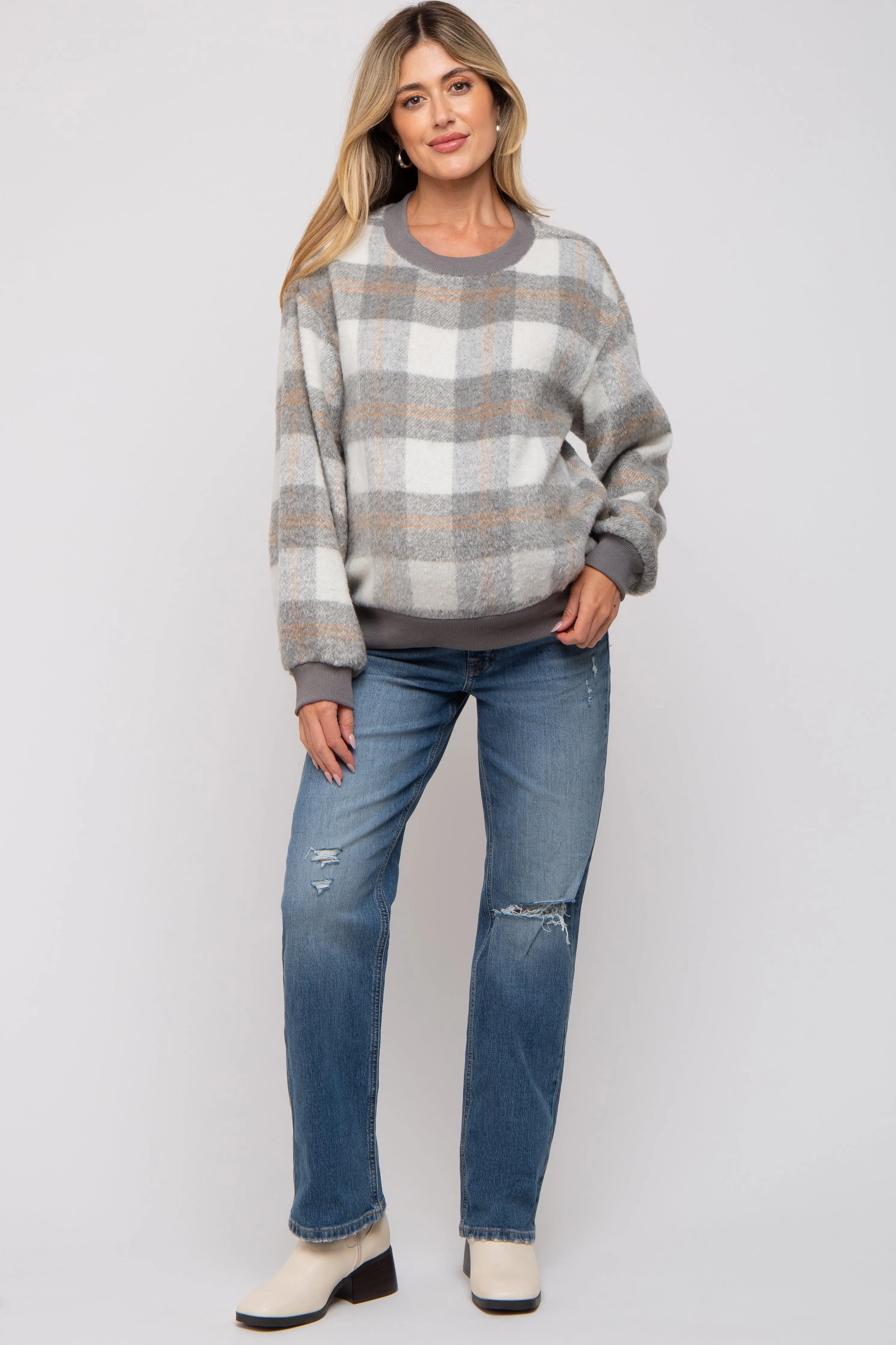 Grey Plaid Fuzzy Knit Maternity Pullover Sweater sold by Pinkblush product image thumbnail 5