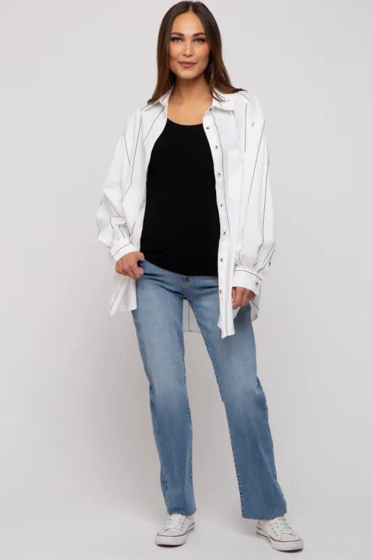 White Striped Puffed Sleeve Maternity Blouse sold by Pinkblush