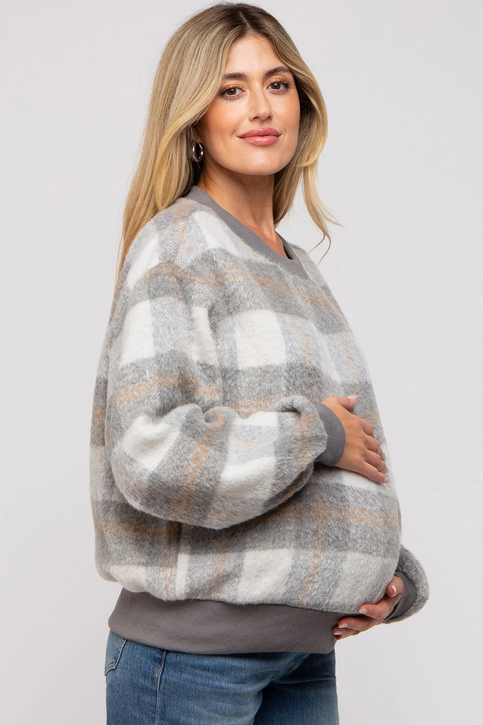 Grey Plaid Fuzzy Knit Maternity Pullover Sweater sold by Pinkblush product image thumbnail 2