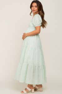 Mint Green Floral Smocked Square Neck Maternity Midi Dress sold by Pinkblush