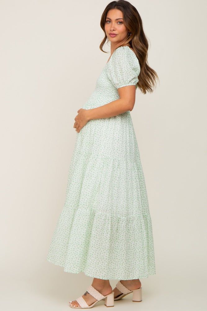 Mint Green Floral Smocked Square Neck Maternity Midi Dress sold by Pinkblush product image thumbnail 3