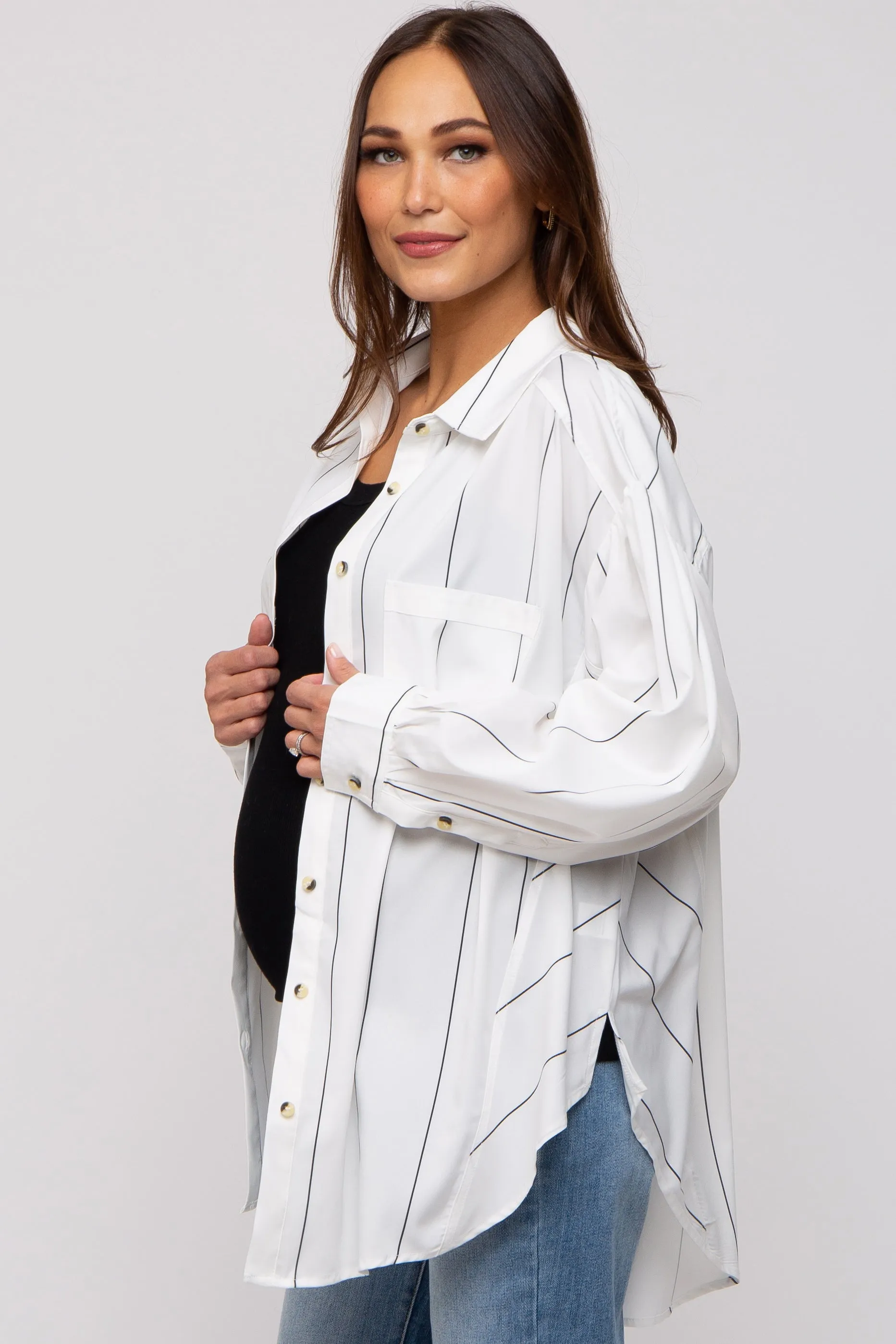 White Striped Puffed Sleeve Maternity Blouse sold by Pinkblush product image thumbnail 2