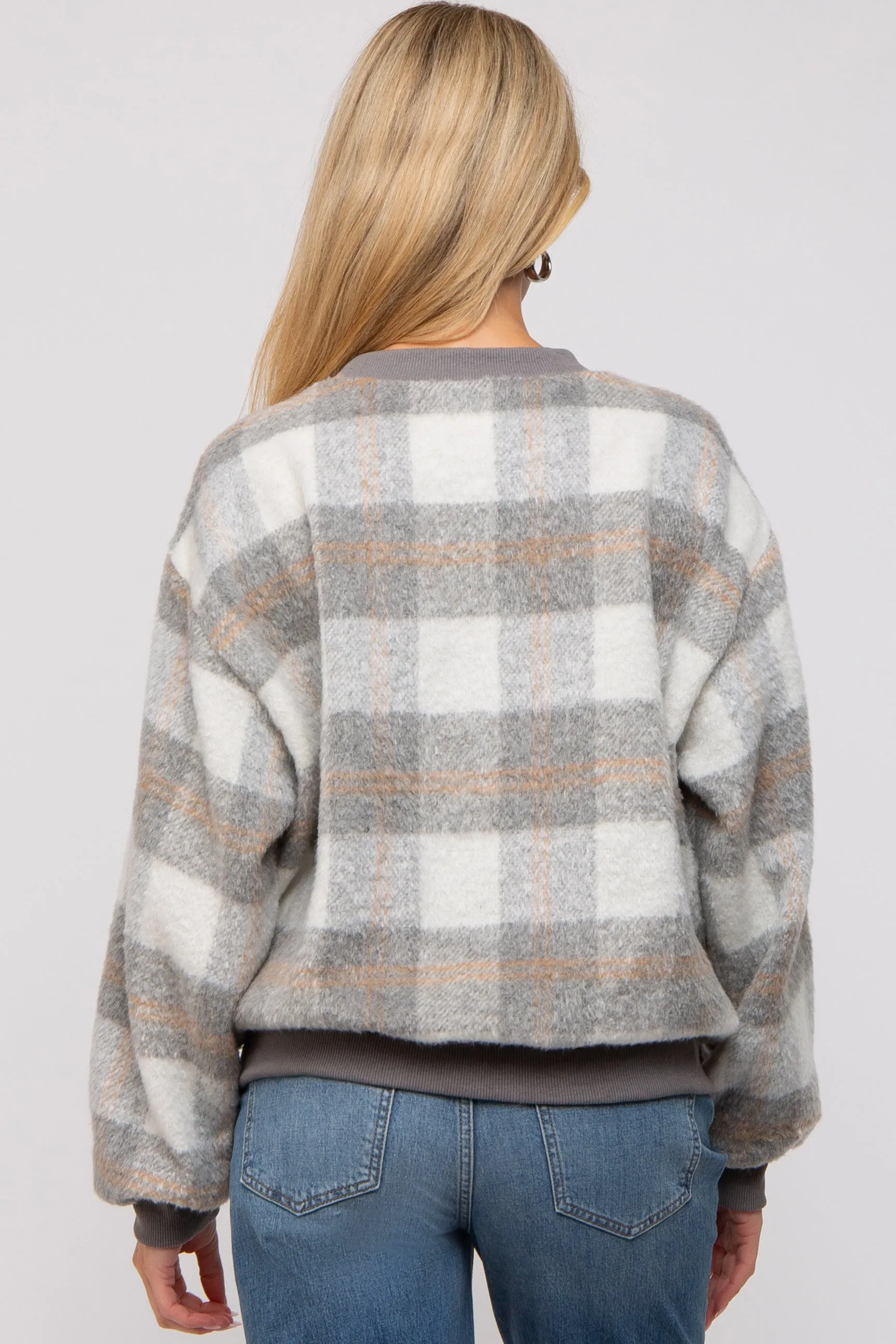 Grey Plaid Fuzzy Knit Maternity Pullover Sweater sold by Pinkblush product image thumbnail 3