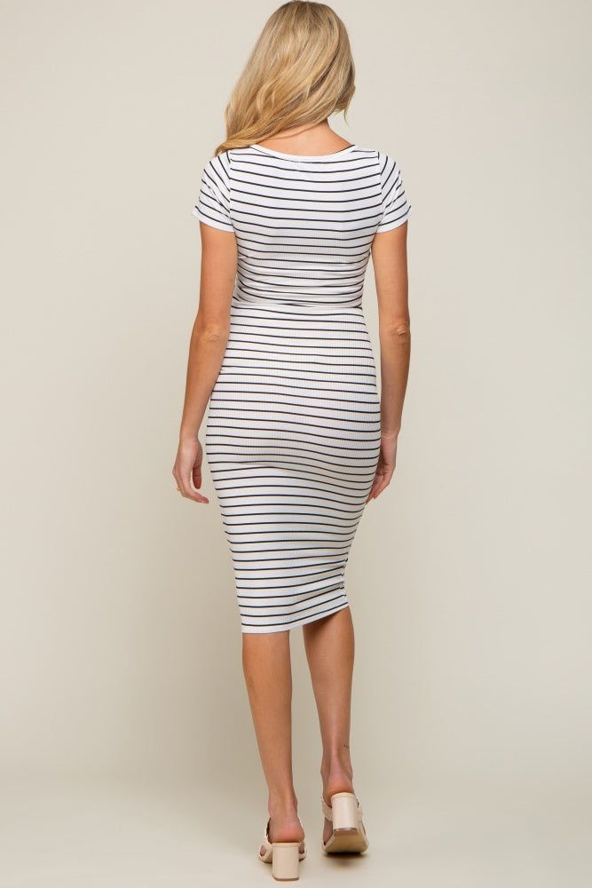 White Striped Ribbed Fitted Maternity Midi Dress sold by Pinkblush product image thumbnail 4