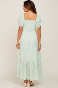 Mint Green Floral Smocked Square Neck Maternity Midi Dress sold by Pinkblush