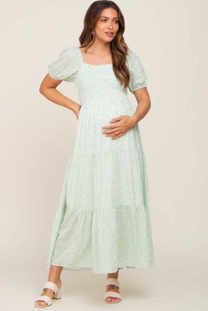 Mint Green Floral Smocked Square Neck Maternity Midi Dress sold by Pinkblush