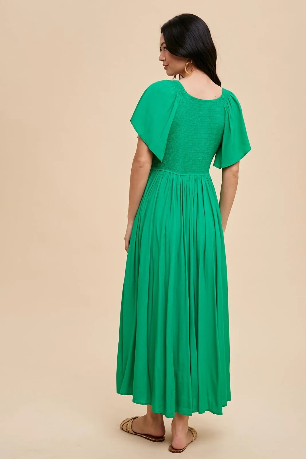 Green V-Neck Flutter Short Sleeve Midi Dress sold by Pinkblush product image thumbnail 3