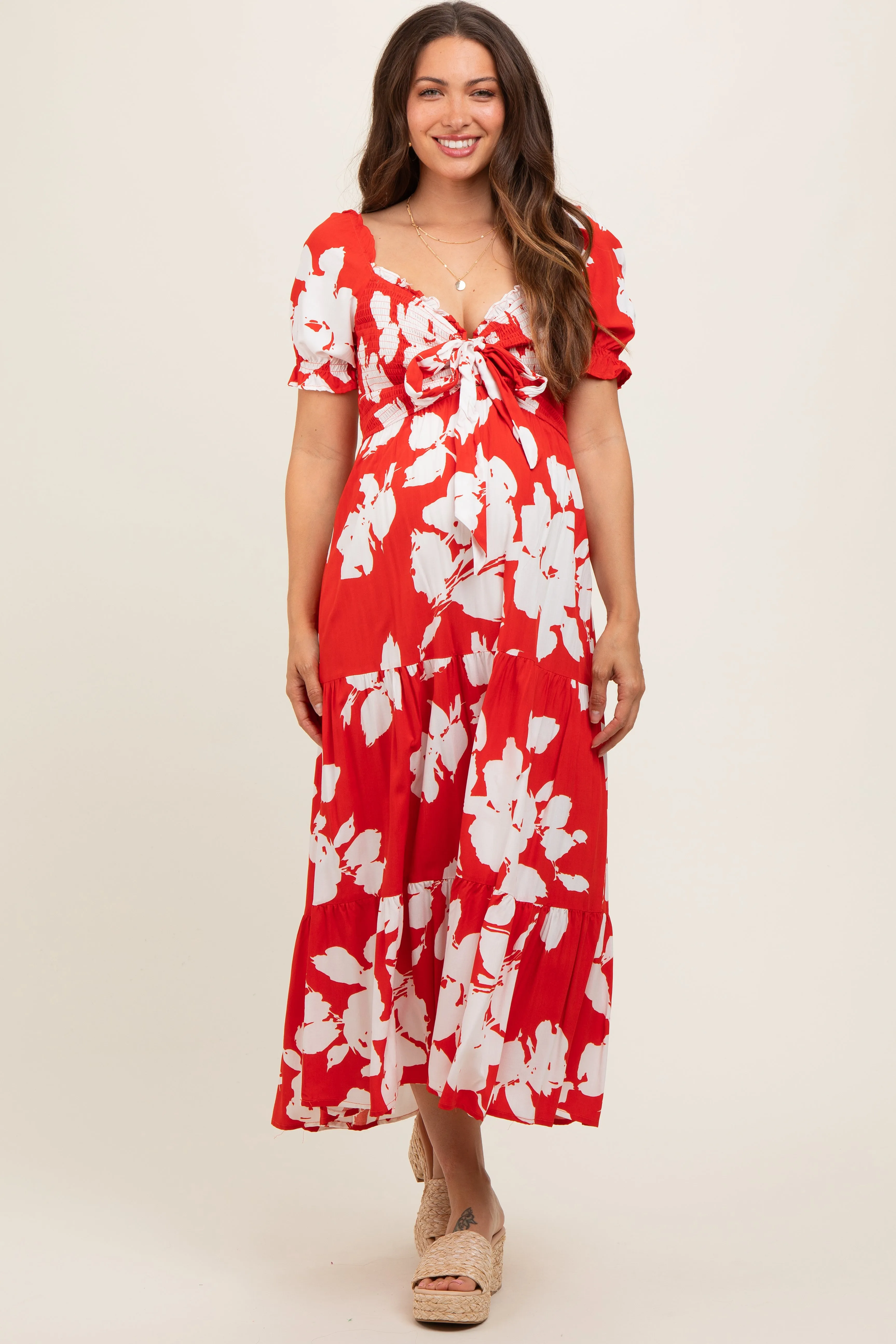 Red Floral Smocked Knotted Top Maternity Maxi Dress sold by Pinkblush product image thumbnail 3