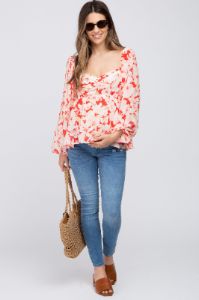 Red Floral Cutout Front Long Sleeve Maternity Blouse sold by Pinkblush
