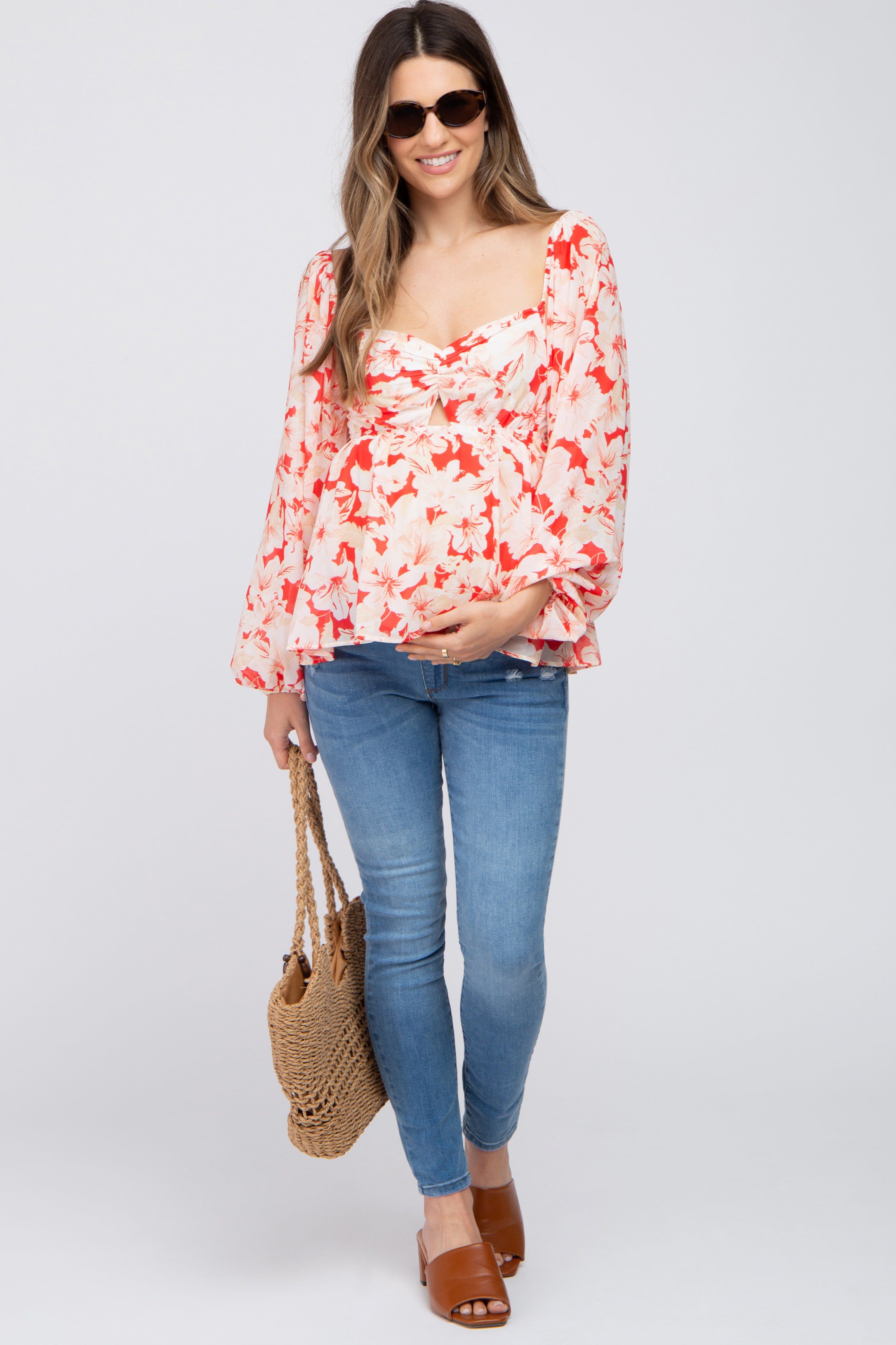 Red Floral Cutout Front Long Sleeve Maternity Blouse sold by Pinkblush product image thumbnail 3