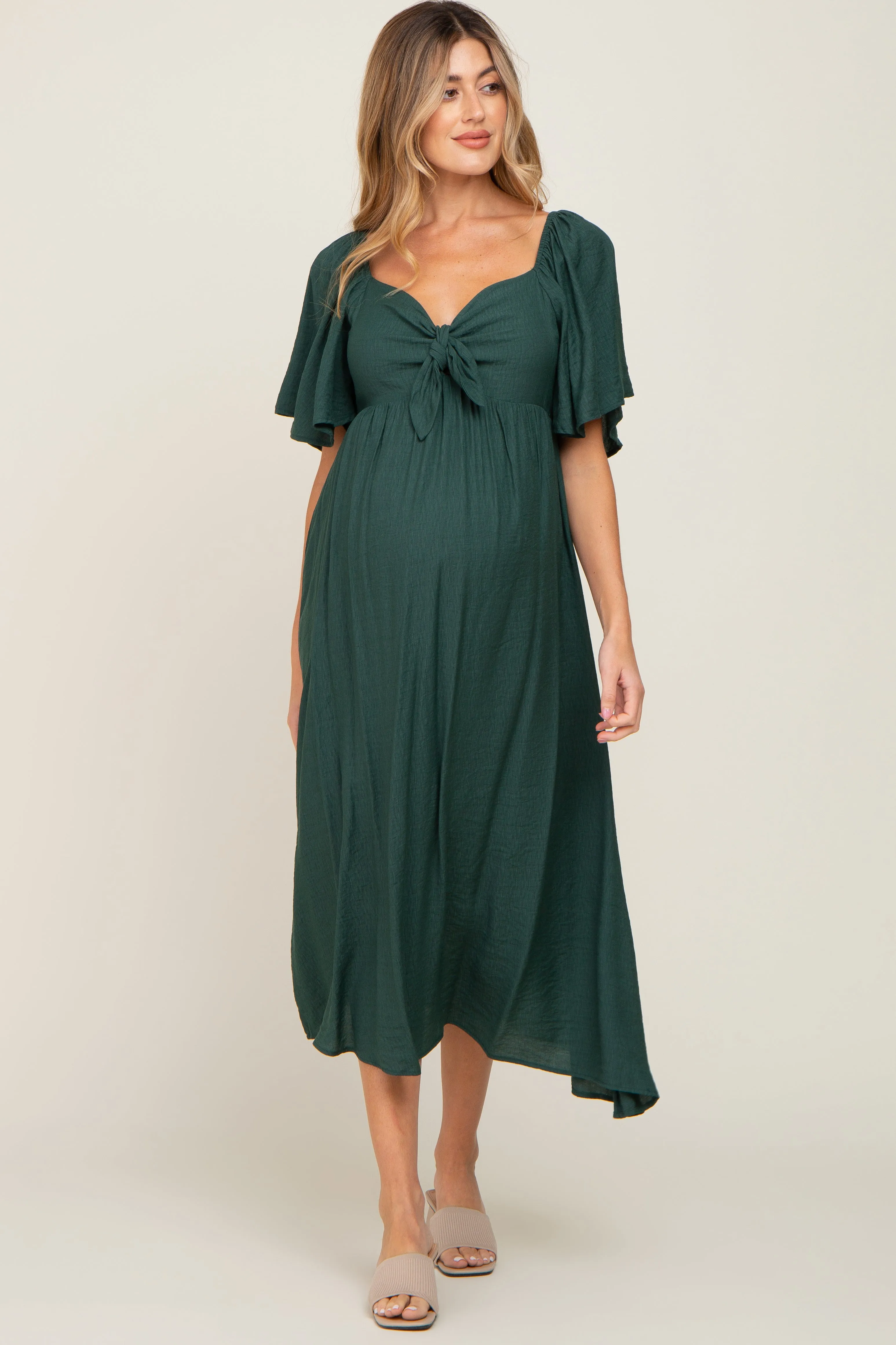 Hunter Green Front Tie Ruffle Sleeve Maternity Midi Dress sold by Pinkblush product image thumbnail 4