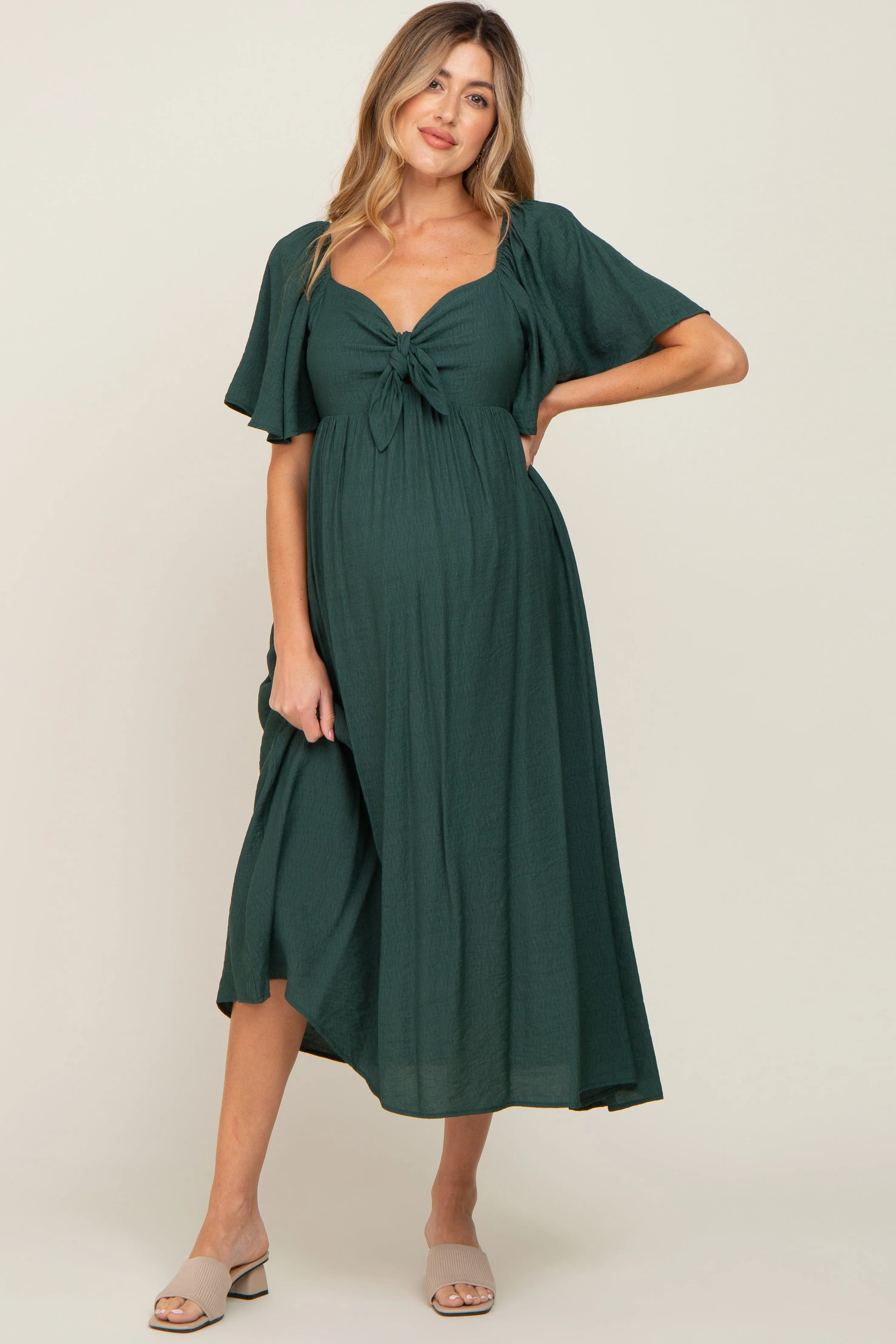 Hunter Green Front Tie Ruffle Sleeve Maternity Midi Dress sold by Pinkblush