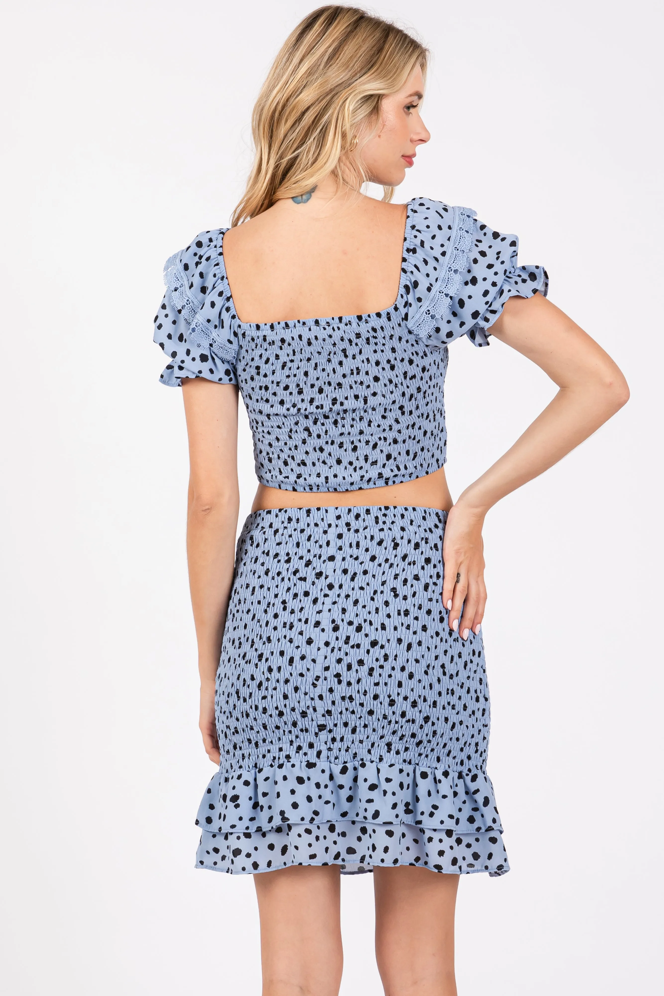 Blue Smocked Ruffled Detail Crop Top Skirt Set sold by Pinkblush product image thumbnail 2