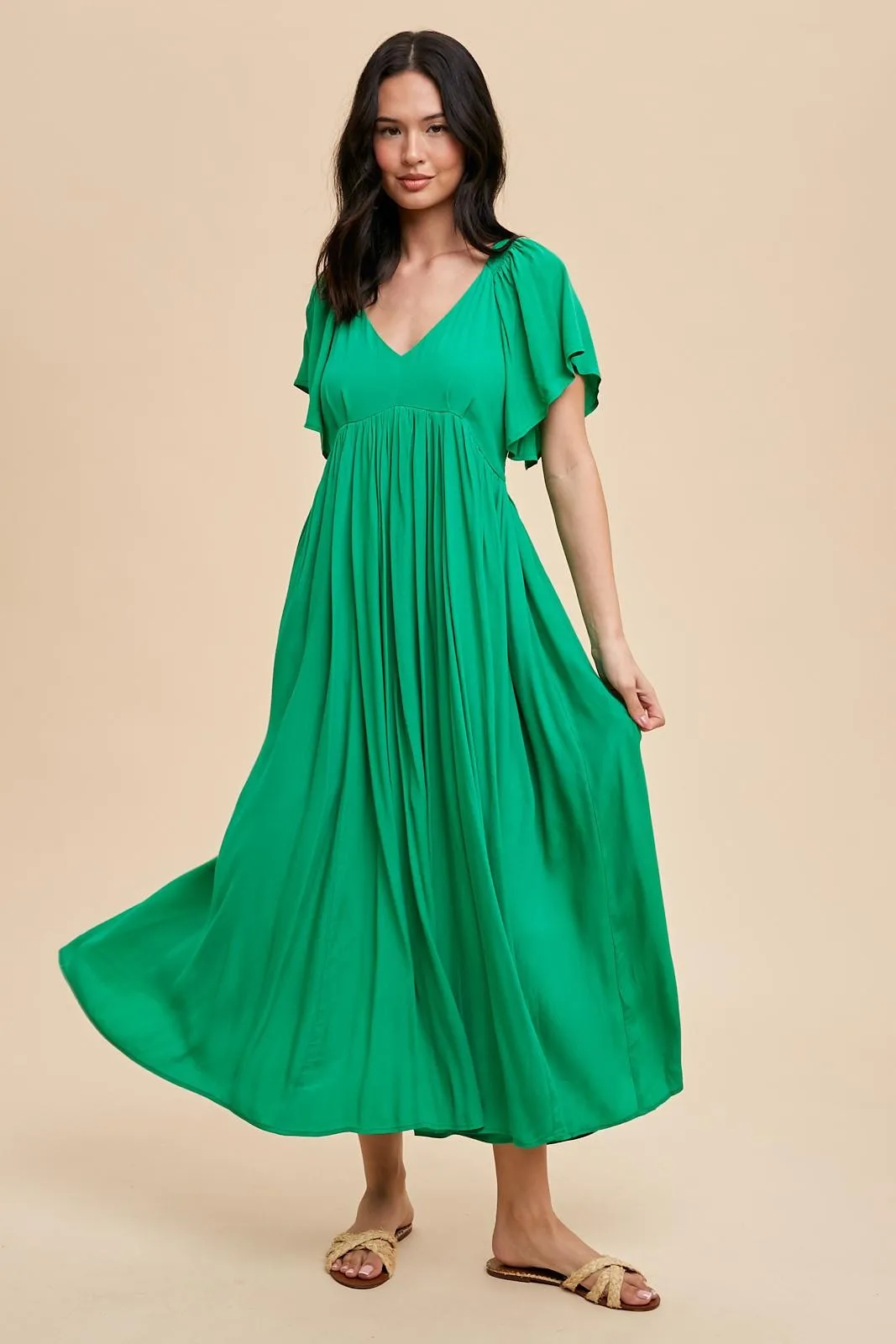 Green V-Neck Flutter Short Sleeve Midi Dress sold by Pinkblush