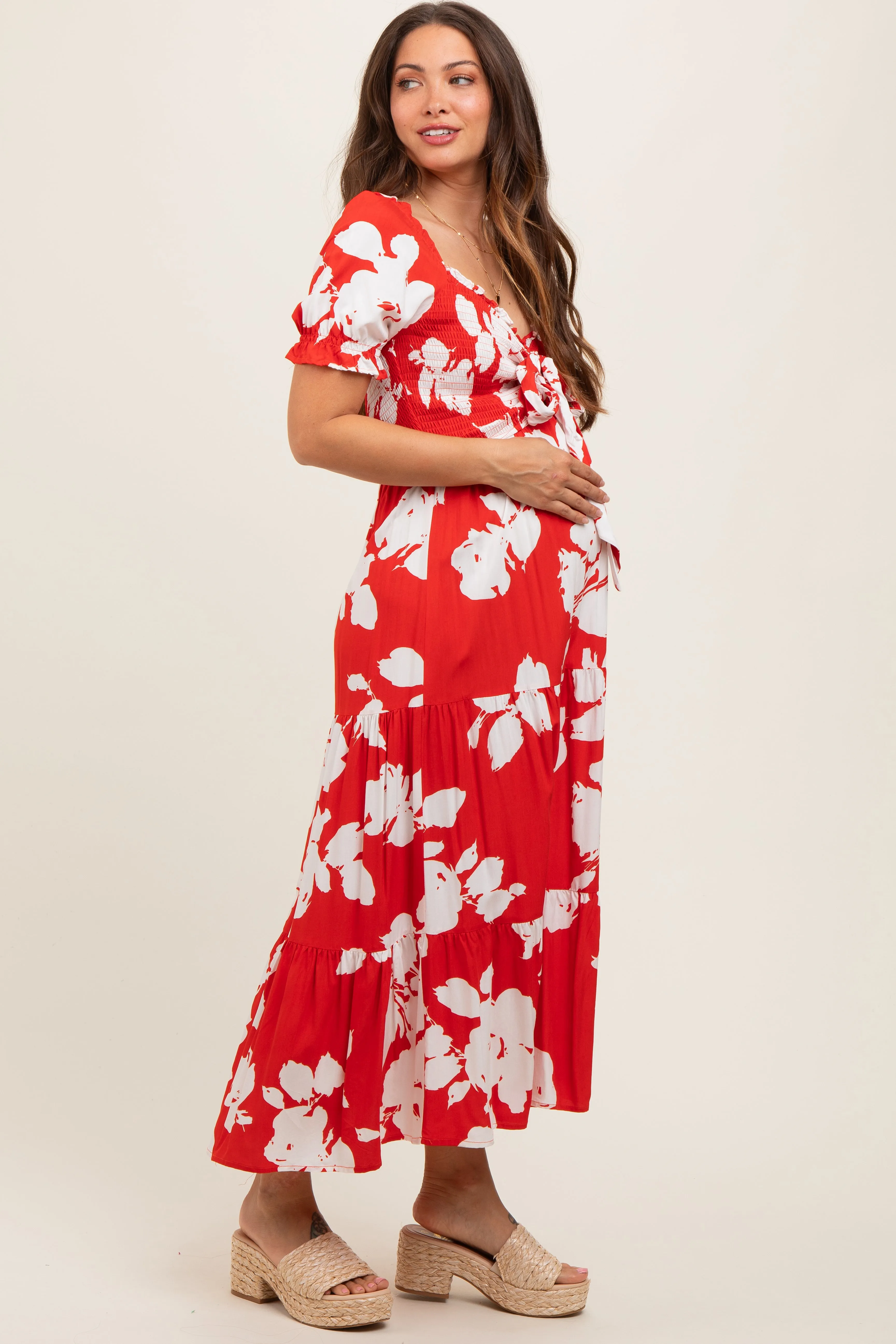 Red Floral Smocked Knotted Top Maternity Maxi Dress sold by Pinkblush product image thumbnail 4
