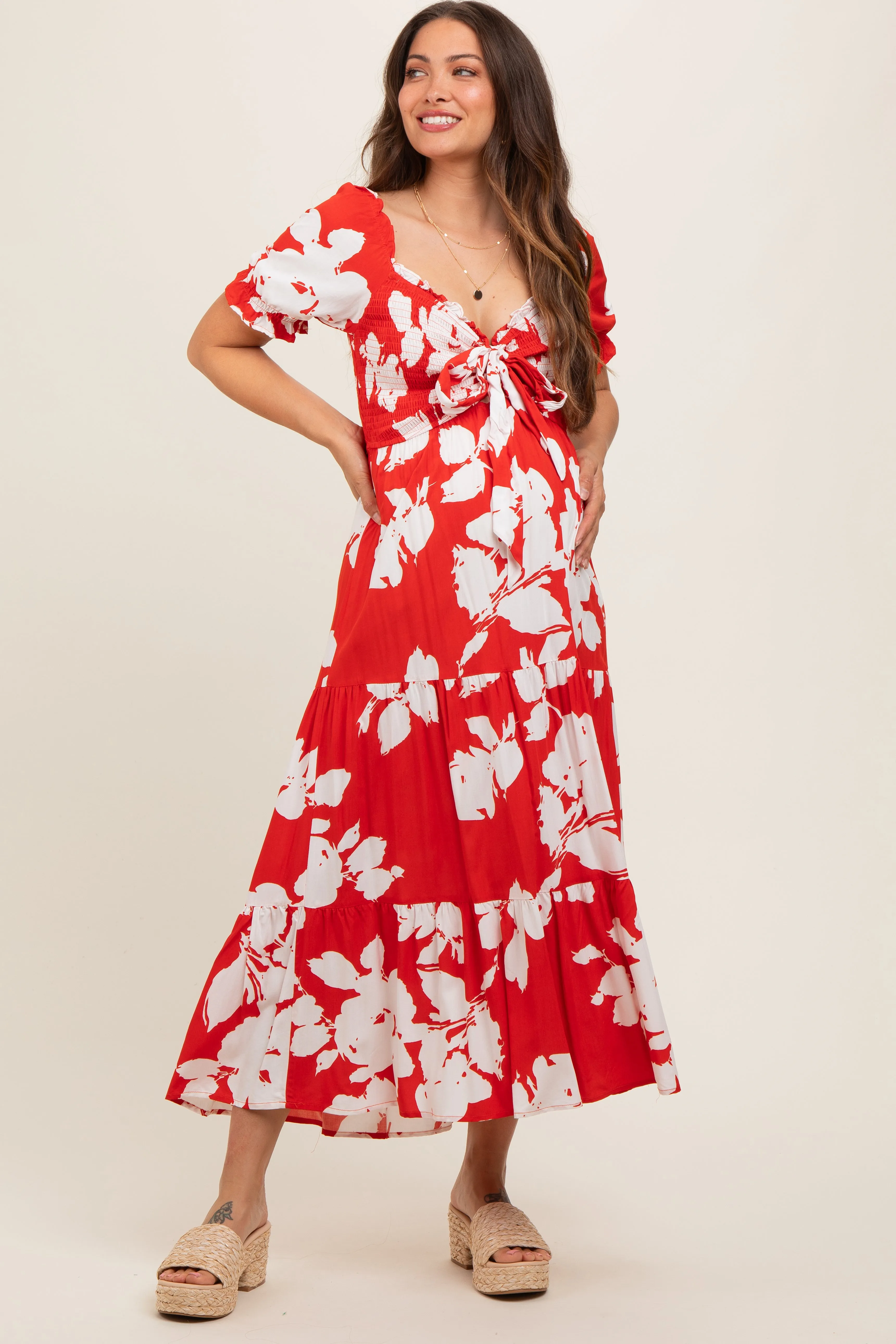 Red Floral Smocked Knotted Top Maternity Maxi Dress sold by Pinkblush