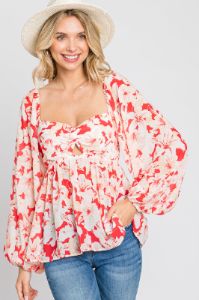 Red Floral Cutout Front Long Sleeve Maternity Blouse sold by Pinkblush