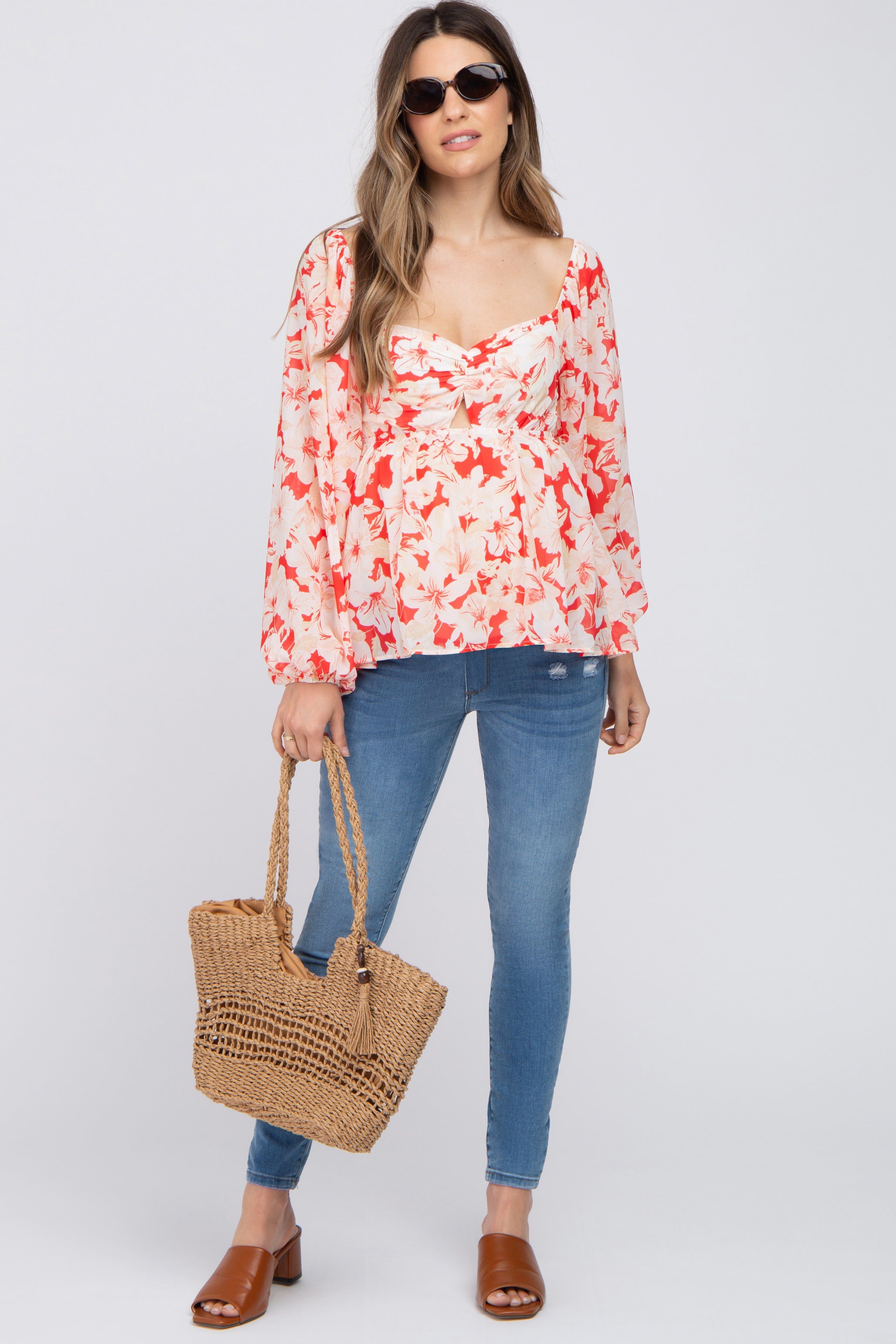 Red Floral Cutout Front Long Sleeve Maternity Blouse sold by Pinkblush