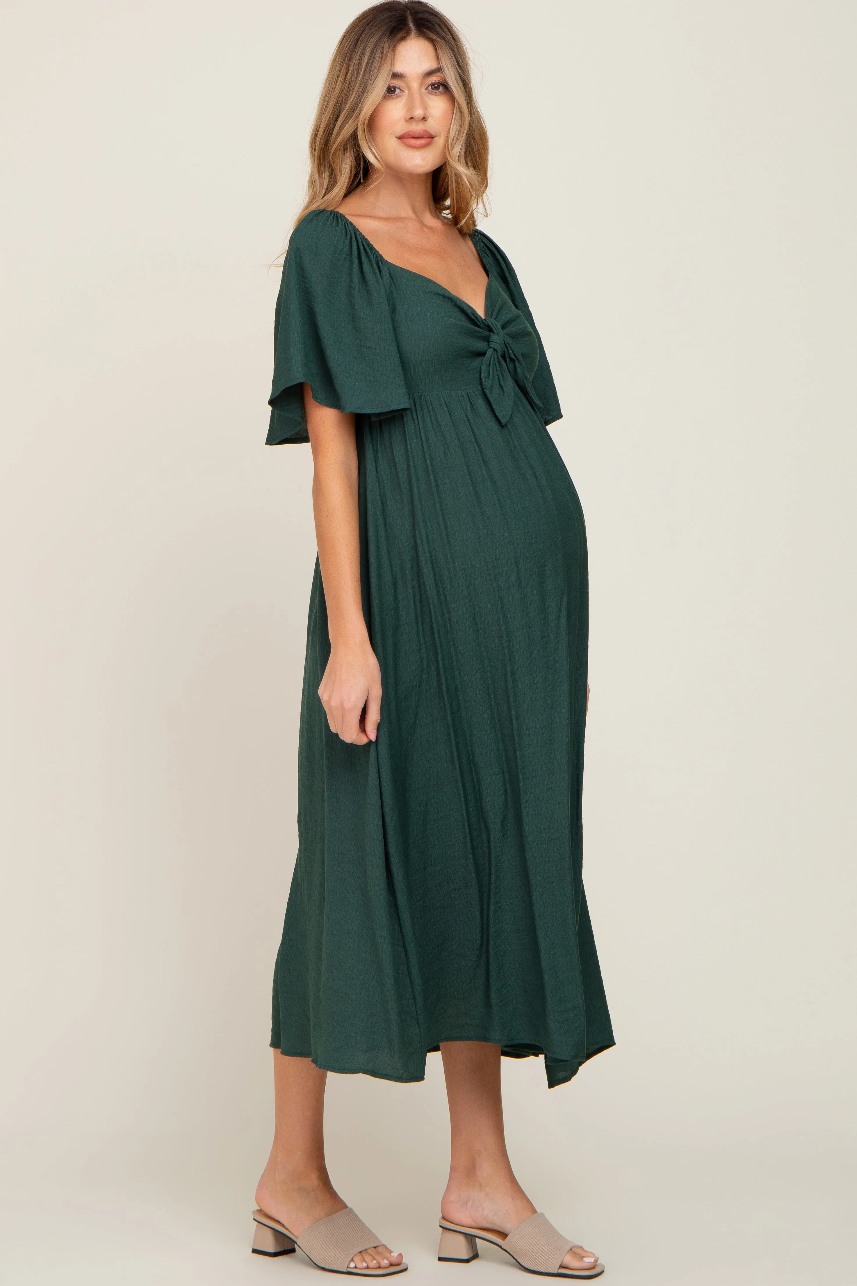 Hunter Green Front Tie Ruffle Sleeve Maternity Midi Dress sold by Pinkblush product image thumbnail 2