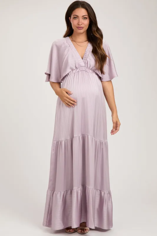 Lavender V-Neck Flutter Sleeve Tiered Maternity Maxi Dress sold by Pinkblush