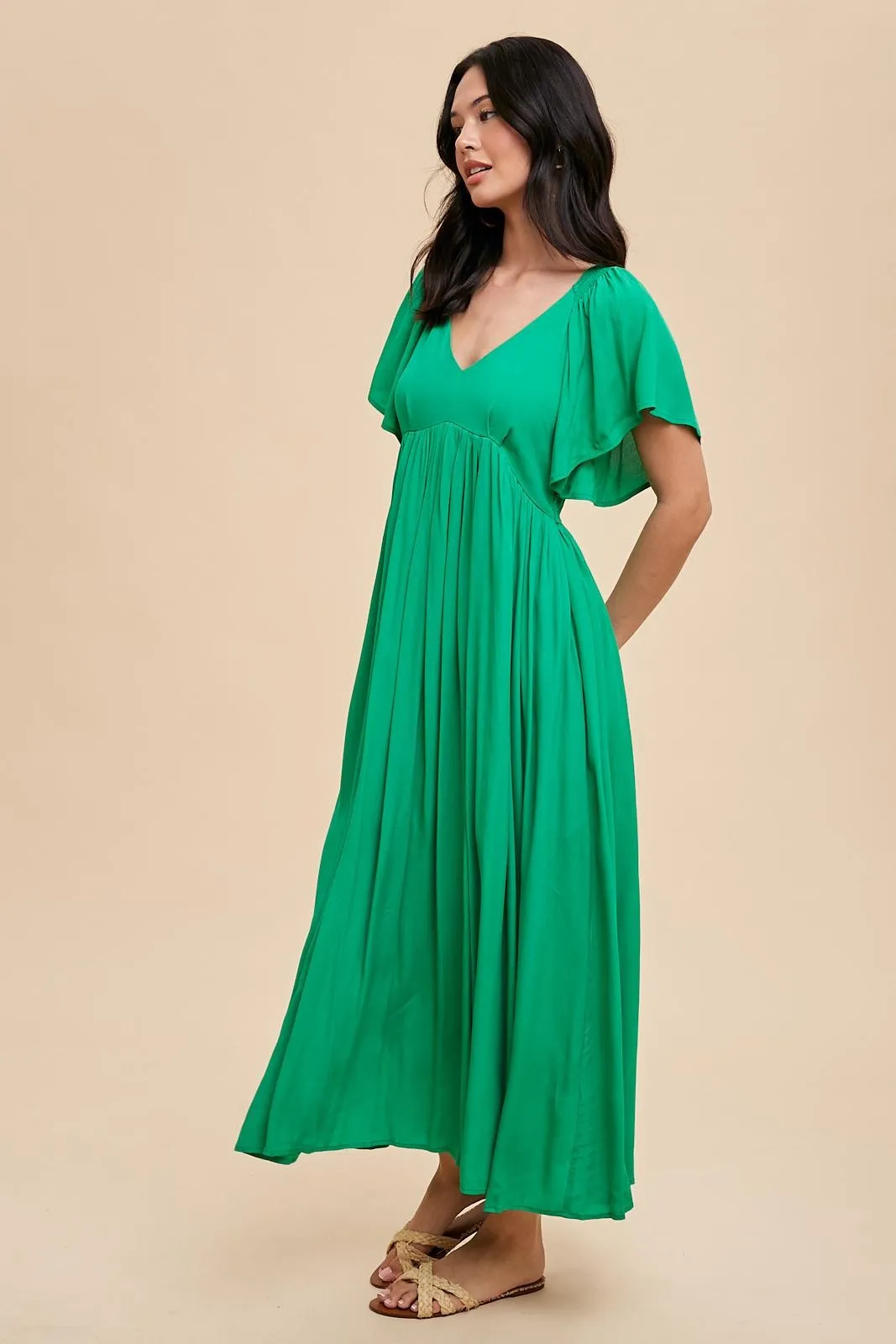 Green V-Neck Flutter Short Sleeve Midi Dress sold by Pinkblush product image thumbnail 2