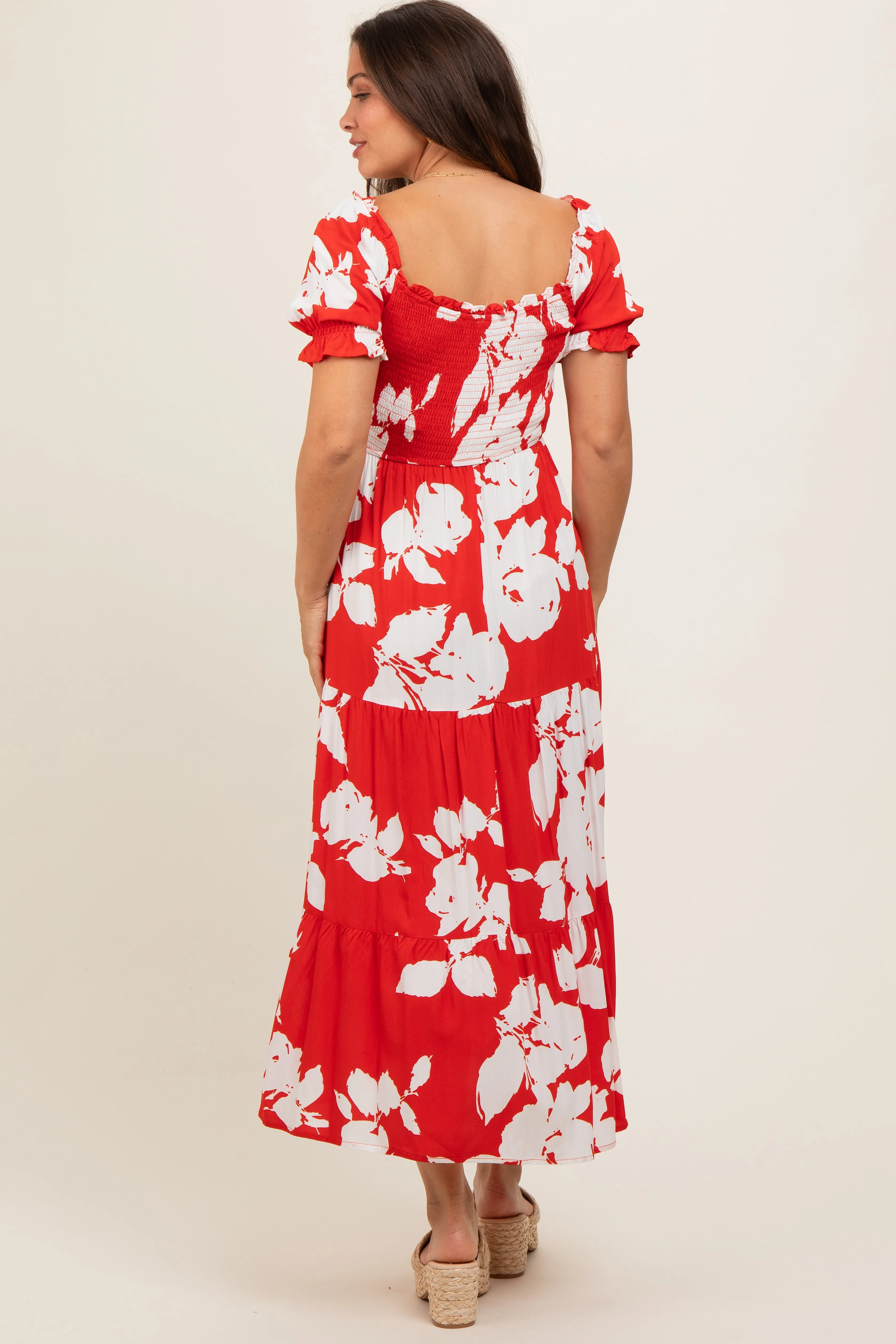 Red Floral Smocked Knotted Top Maternity Maxi Dress sold by Pinkblush product image thumbnail 5