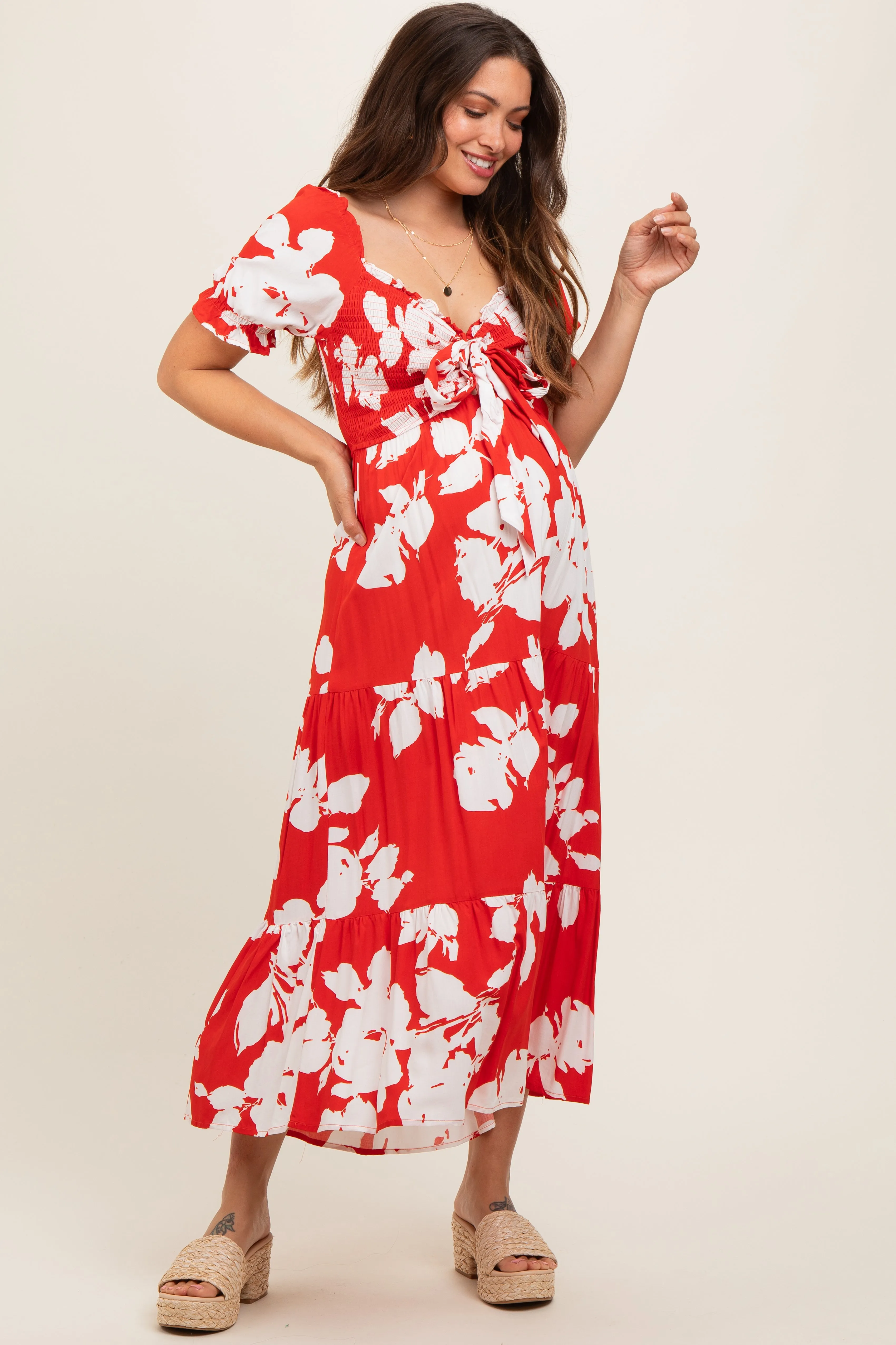 Red Floral Smocked Knotted Top Maternity Maxi Dress sold by Pinkblush product image thumbnail 2