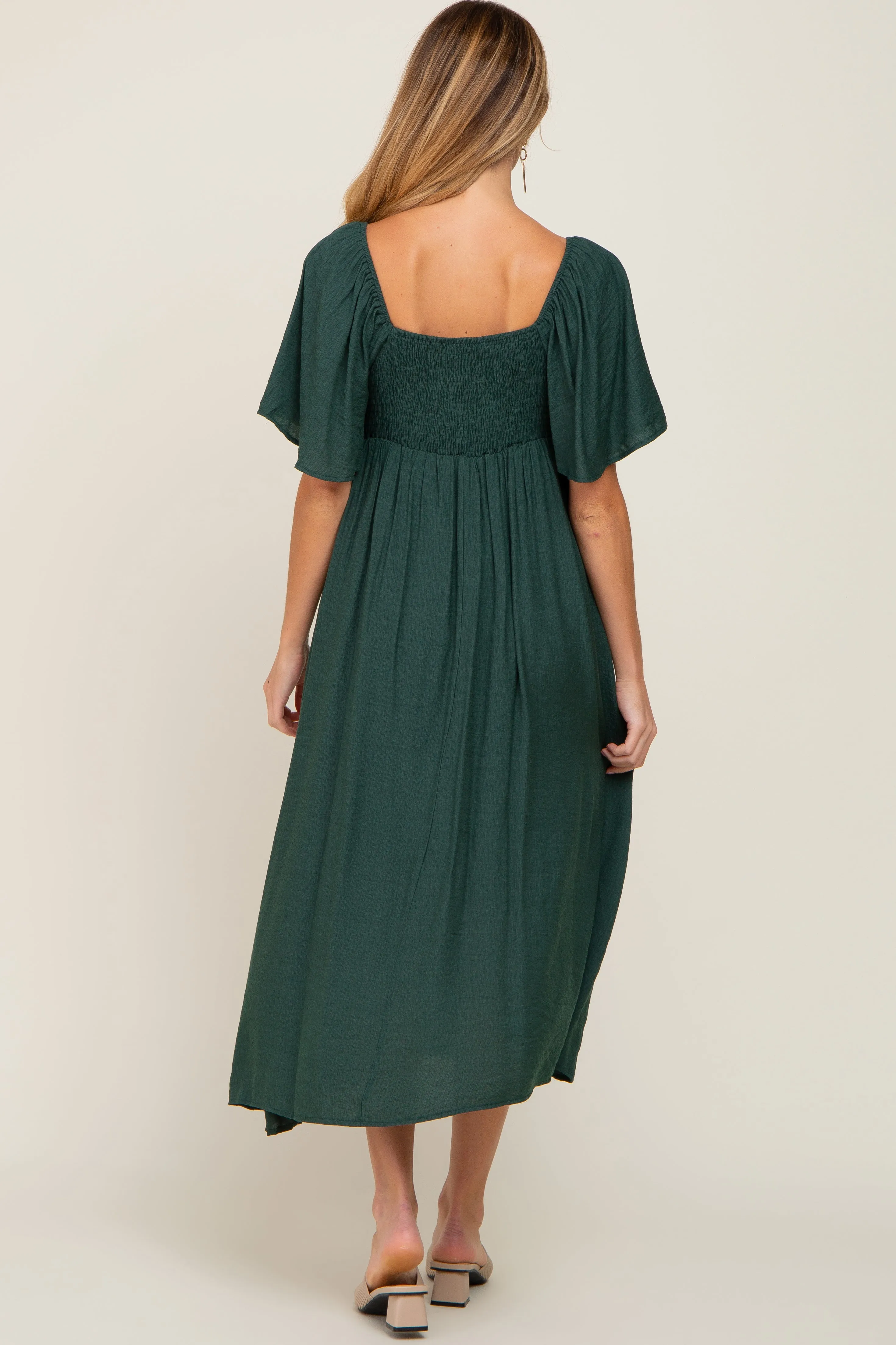 Hunter Green Front Tie Ruffle Sleeve Maternity Midi Dress sold by Pinkblush product image thumbnail 3