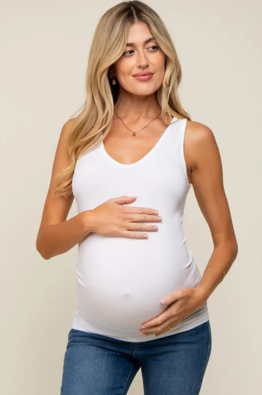 White Basic V-Neck Seamless Maternity Tank sold by Pinkblush