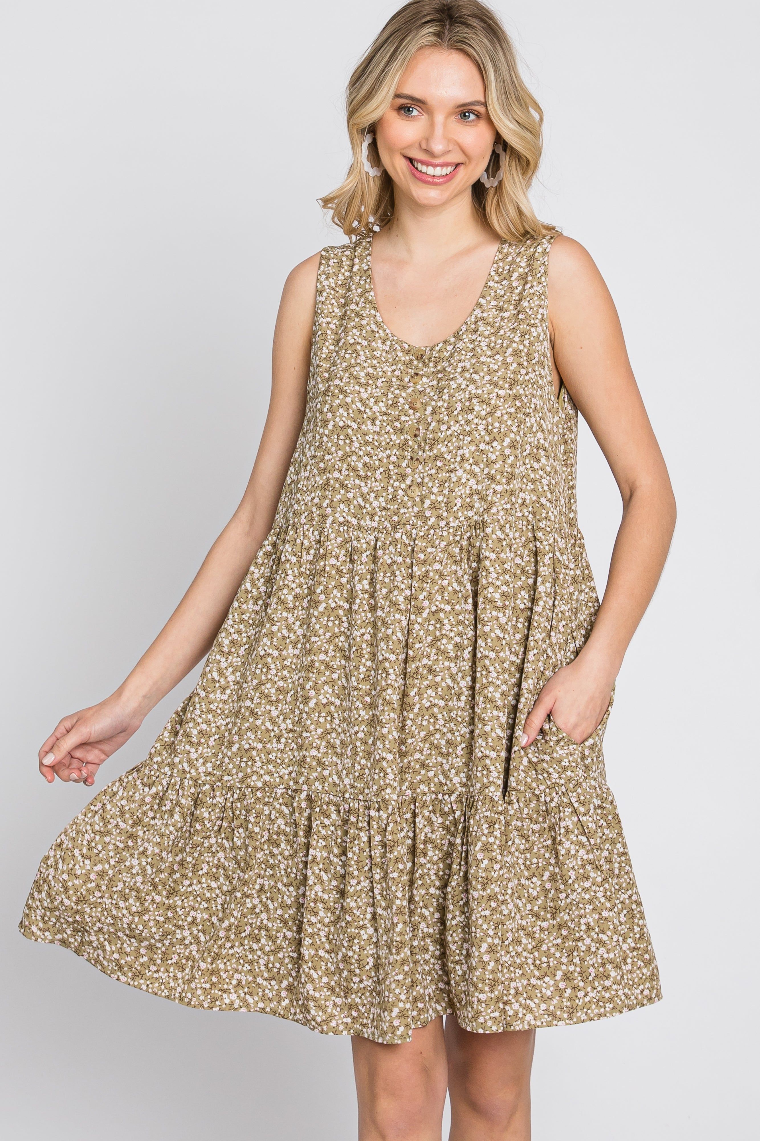 Light Olive Ditsy Floral Button Front Dress sold by Pinkblush product image thumbnail 2