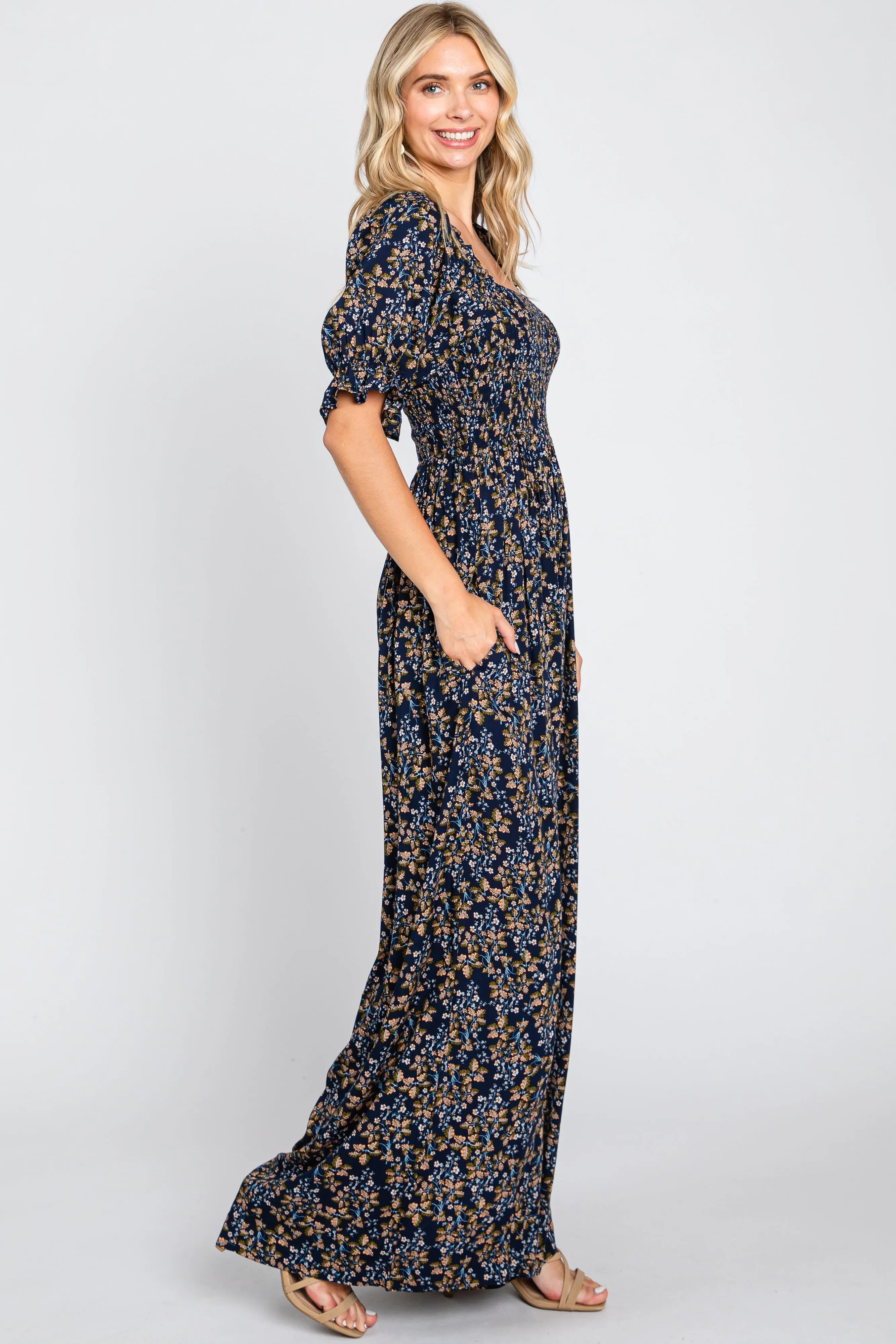 Navy Floral Smocked Jumpsuit sold by Pinkblush product image thumbnail 2