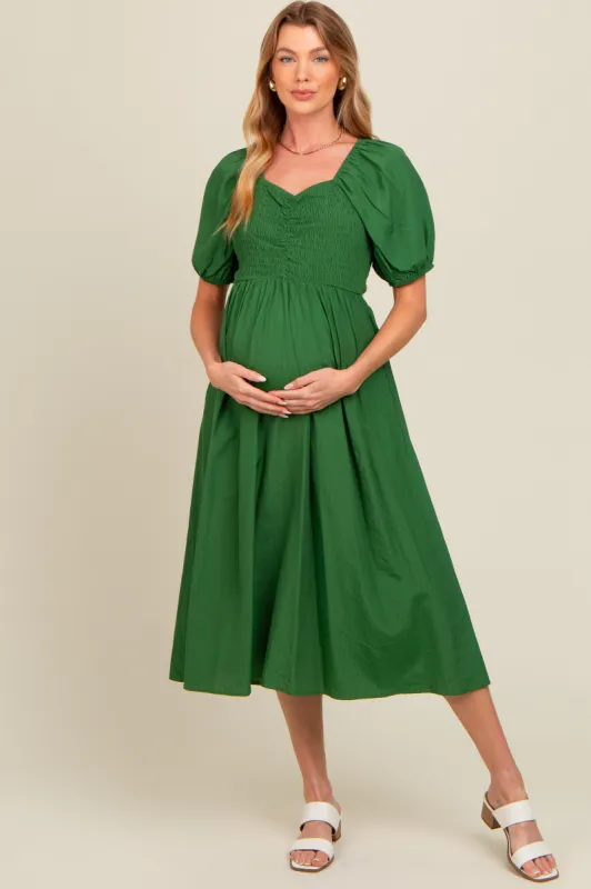 Forest Green Smocked Maternity Midi Dress sold by Pinkblush