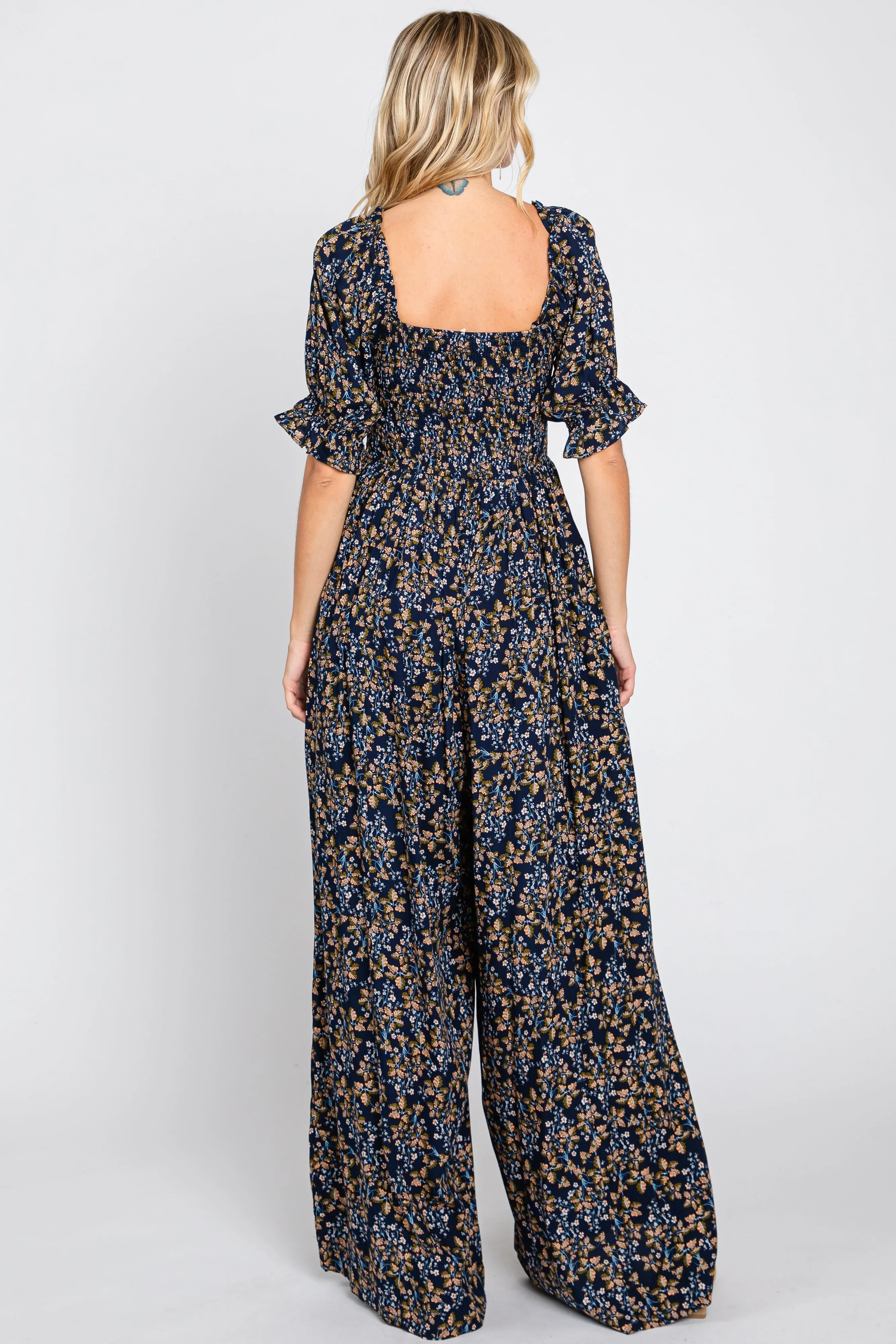 Navy Floral Smocked Jumpsuit sold by Pinkblush product image thumbnail 3