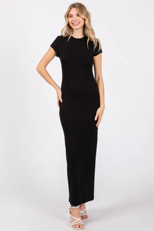 Black Fitted Short Sleeve Maxi Dress sold by Pinkblush