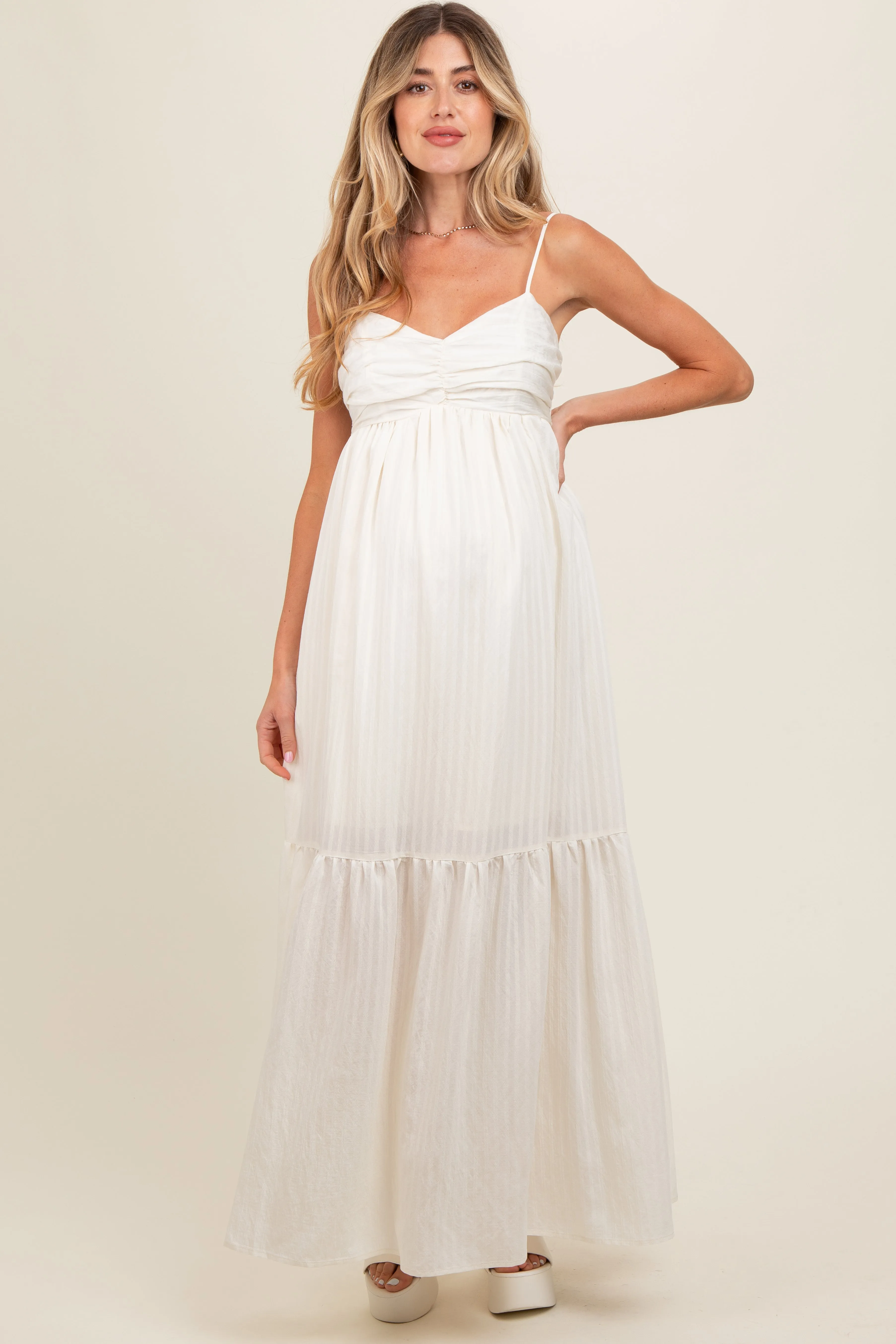 Cream Monochrome Stripe Maternity Maxi Dress sold by Pinkblush