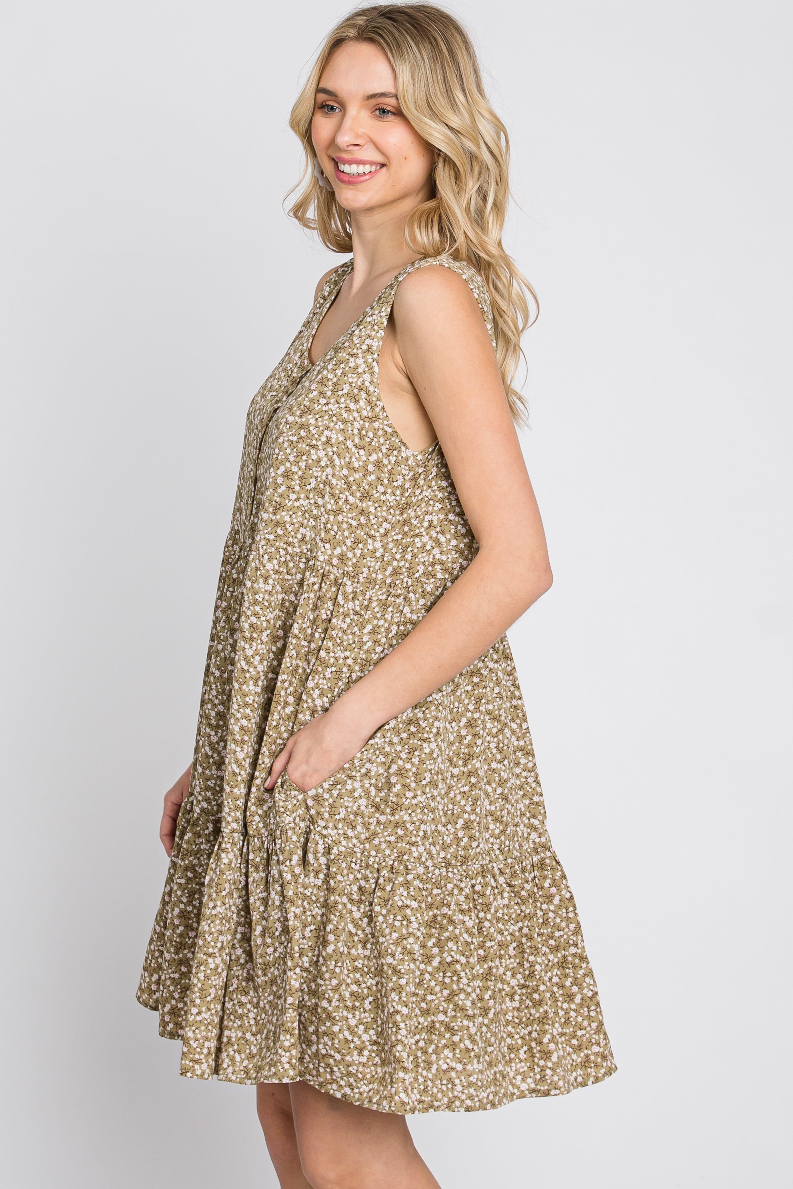 Light Olive Ditsy Floral Button Front Dress sold by Pinkblush product image thumbnail 4