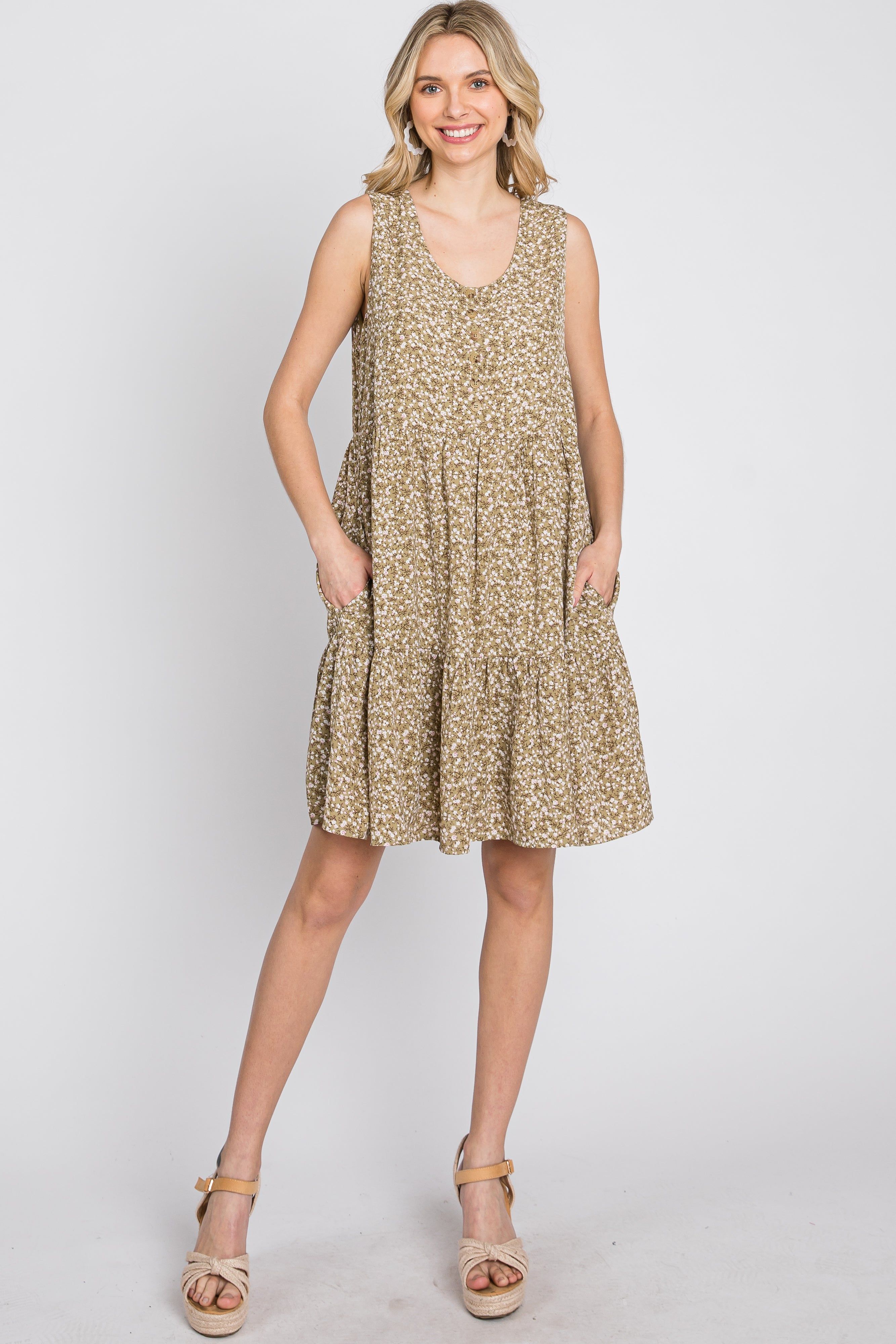 Light Olive Ditsy Floral Button Front Dress sold by Pinkblush