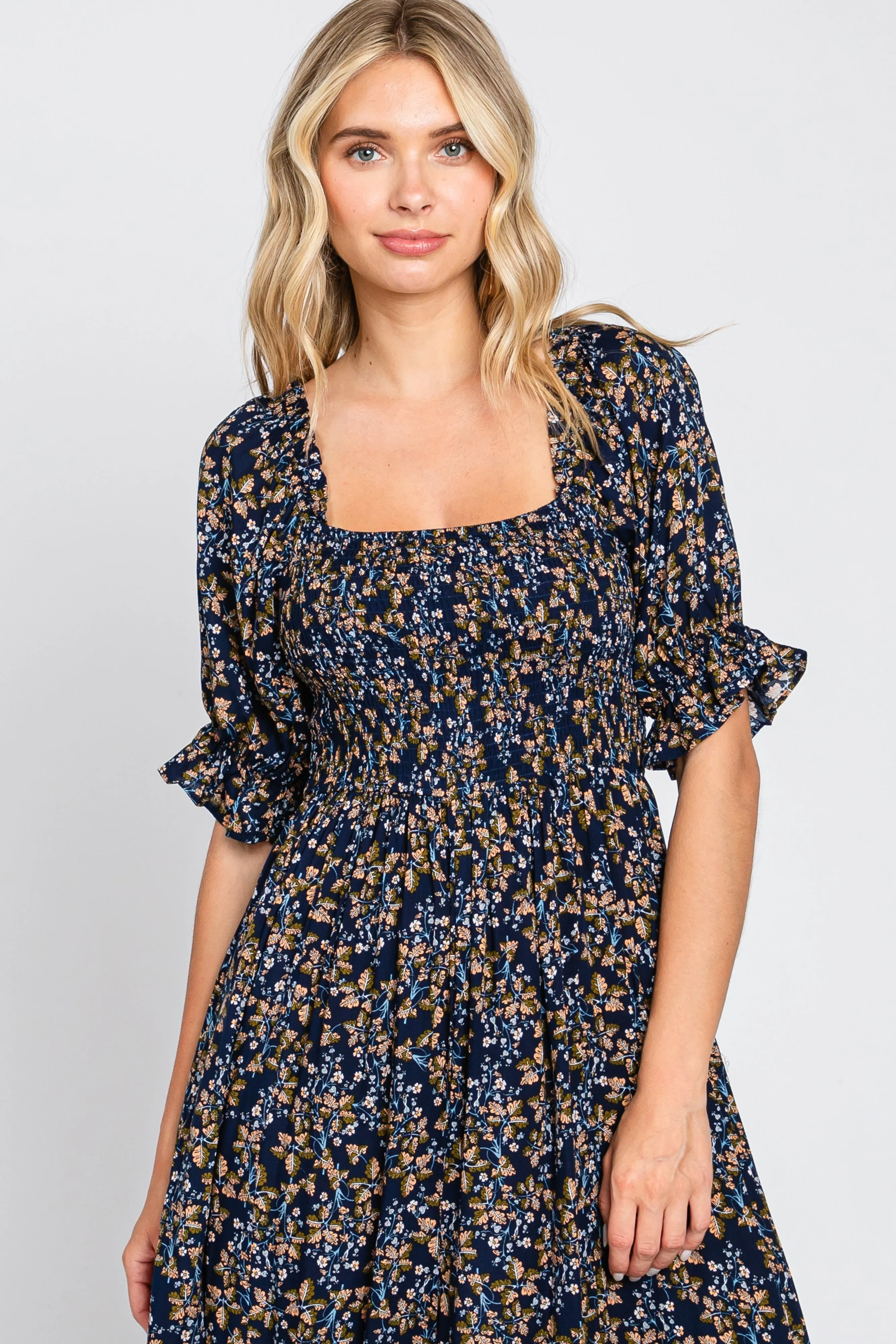 Navy Floral Smocked Jumpsuit sold by Pinkblush product image thumbnail 4