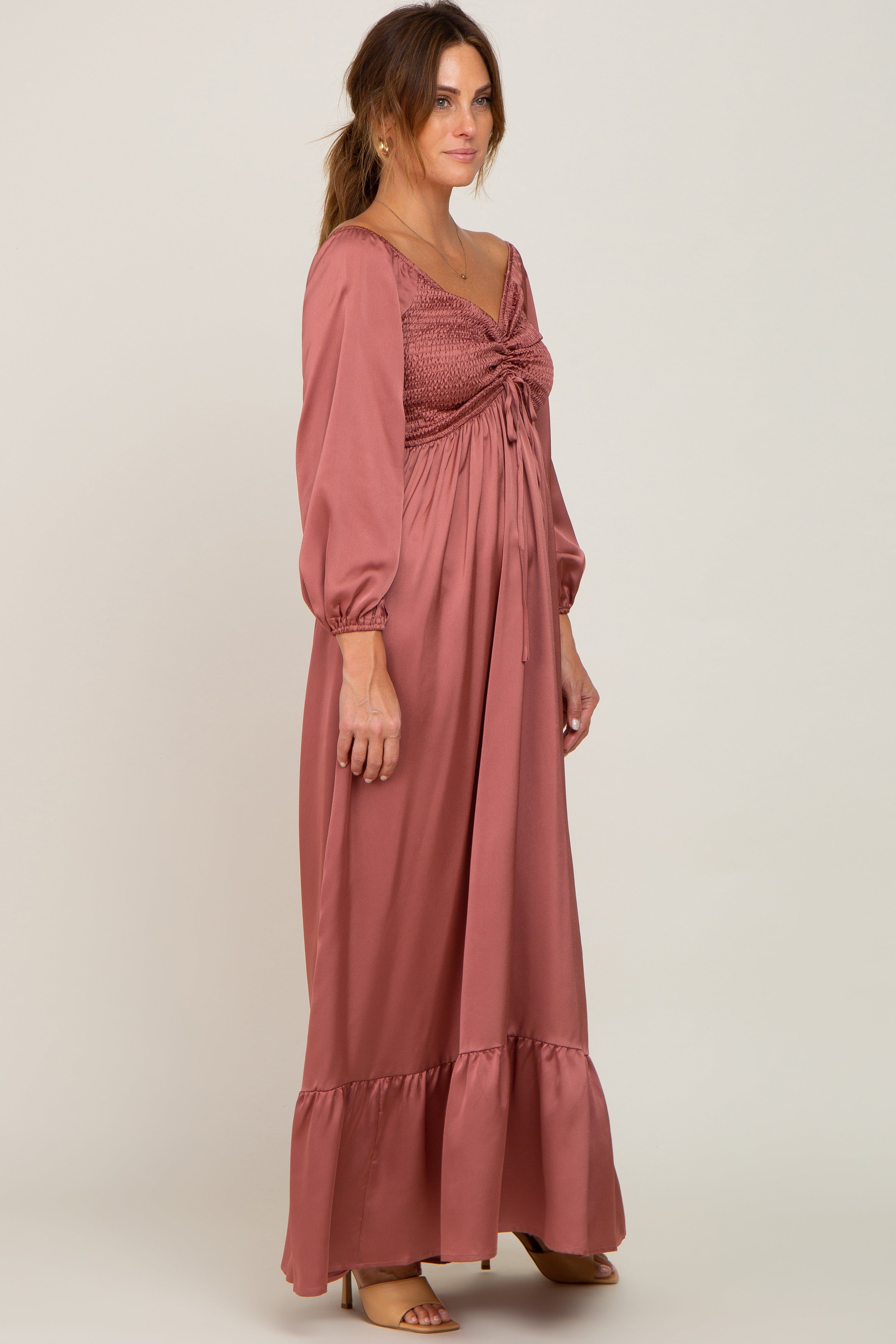 Mauve Smocked Off Shoulder Satin Maxi Dress sold by Pinkblush product image thumbnail 2
