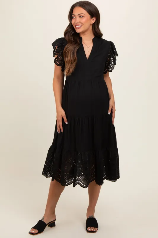 Black V-Neck Eyelet Detail Ruffle Shoulder Tiered Maternity Midi Dress sold by Pinkblush