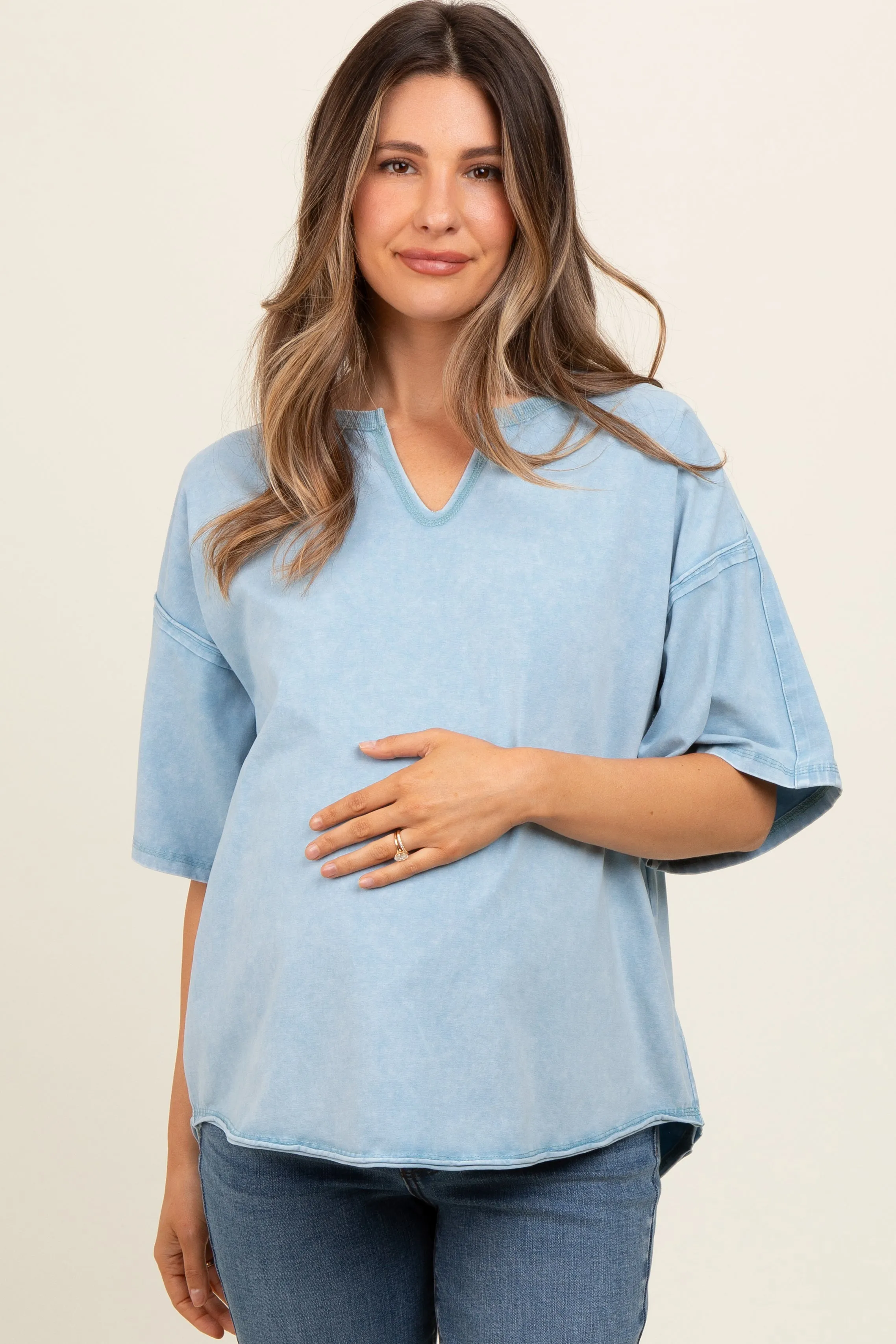 Light Blue Washed Cotton Jersey Oversized Maternity Top sold by Pinkblush product image thumbnail 2