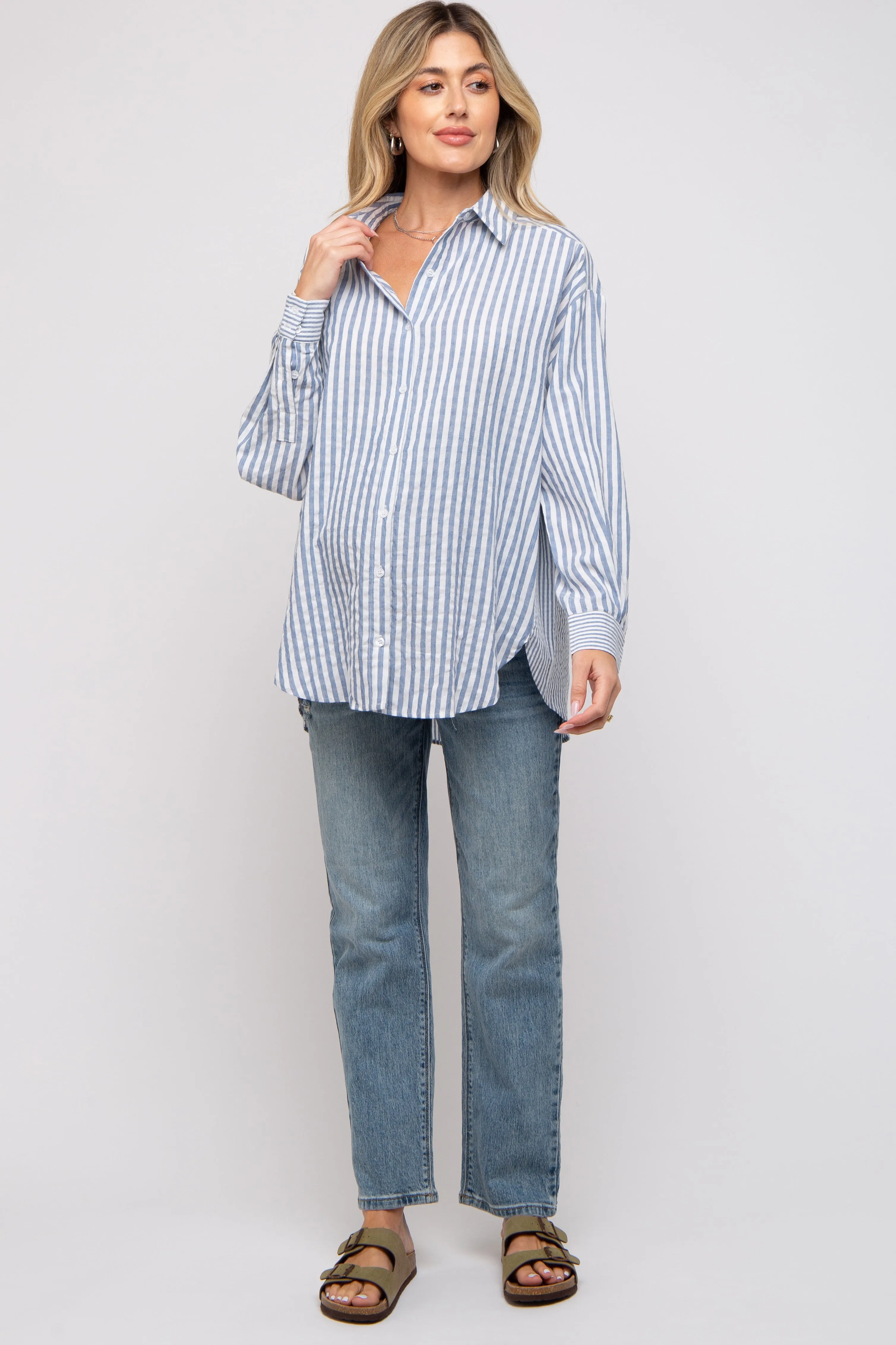 Blue Striped Button Up Long Sleeve Maternity Top sold by Pinkblush product image thumbnail 4